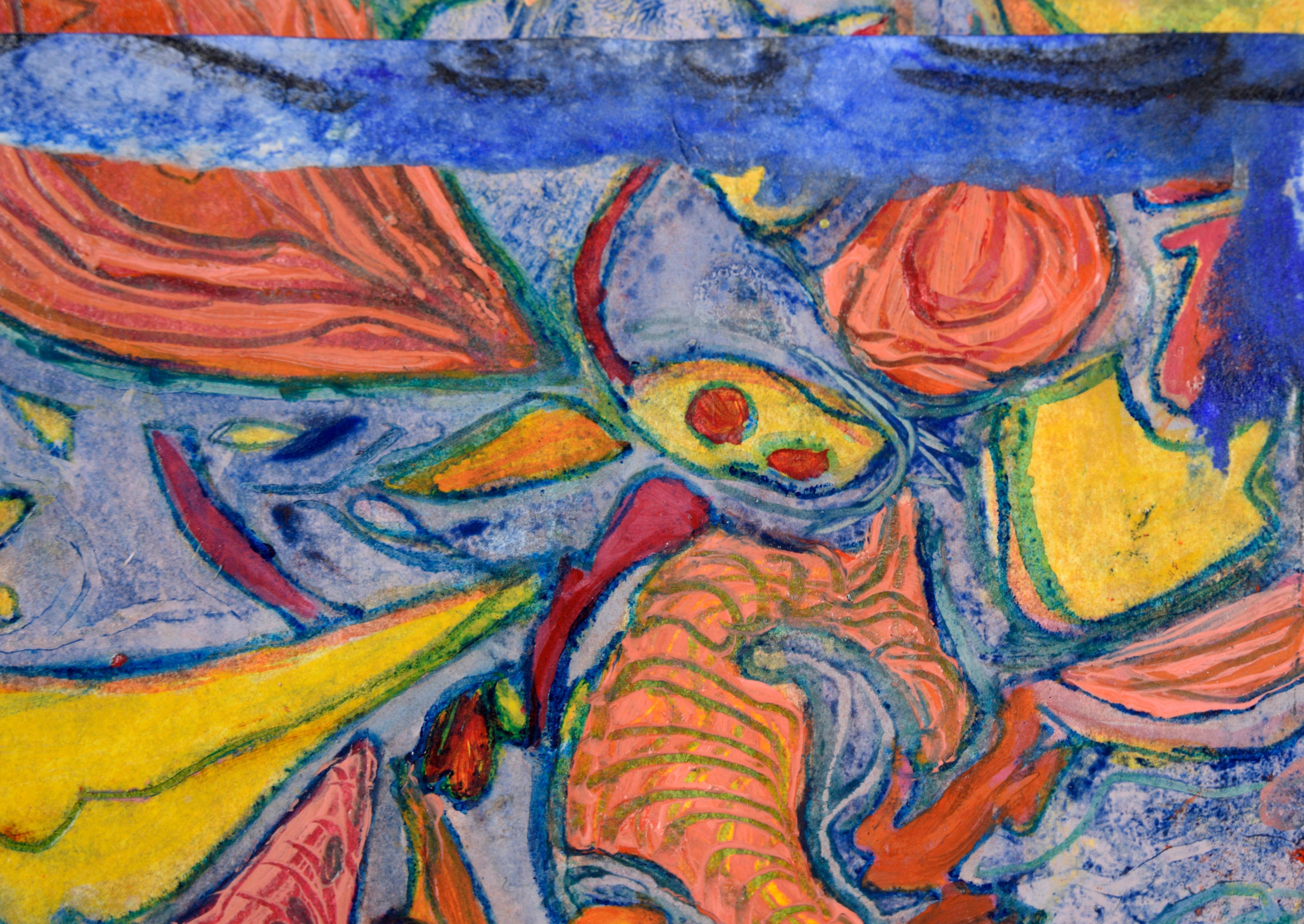 Carnival Abstract in Blau, Orange und Gelb - Öl und Collage auf Papier (Abstrakter Expressionismus), Painting, von Jennie Rafton