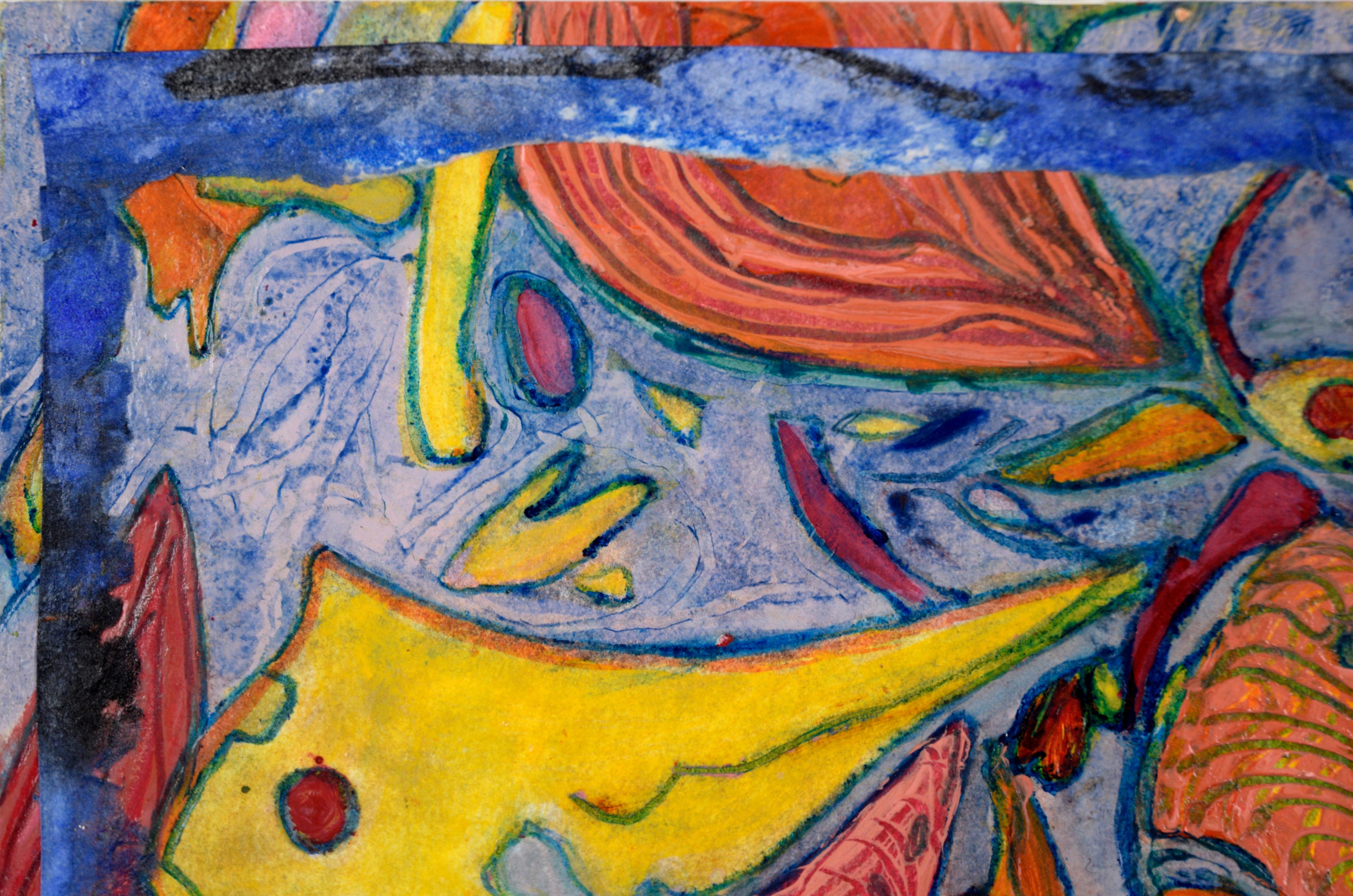 Carnival Abstract in Blau, Orange und Gelb - Öl und Collage auf Papier

Helles und farbenfrohes abstraktes Bild von Jennie T. Rafton (Amerikanerin, geb. 1925). Die Formen sind über die Seite verstreut und deuten auf Bewegung und Bewegung hin. An