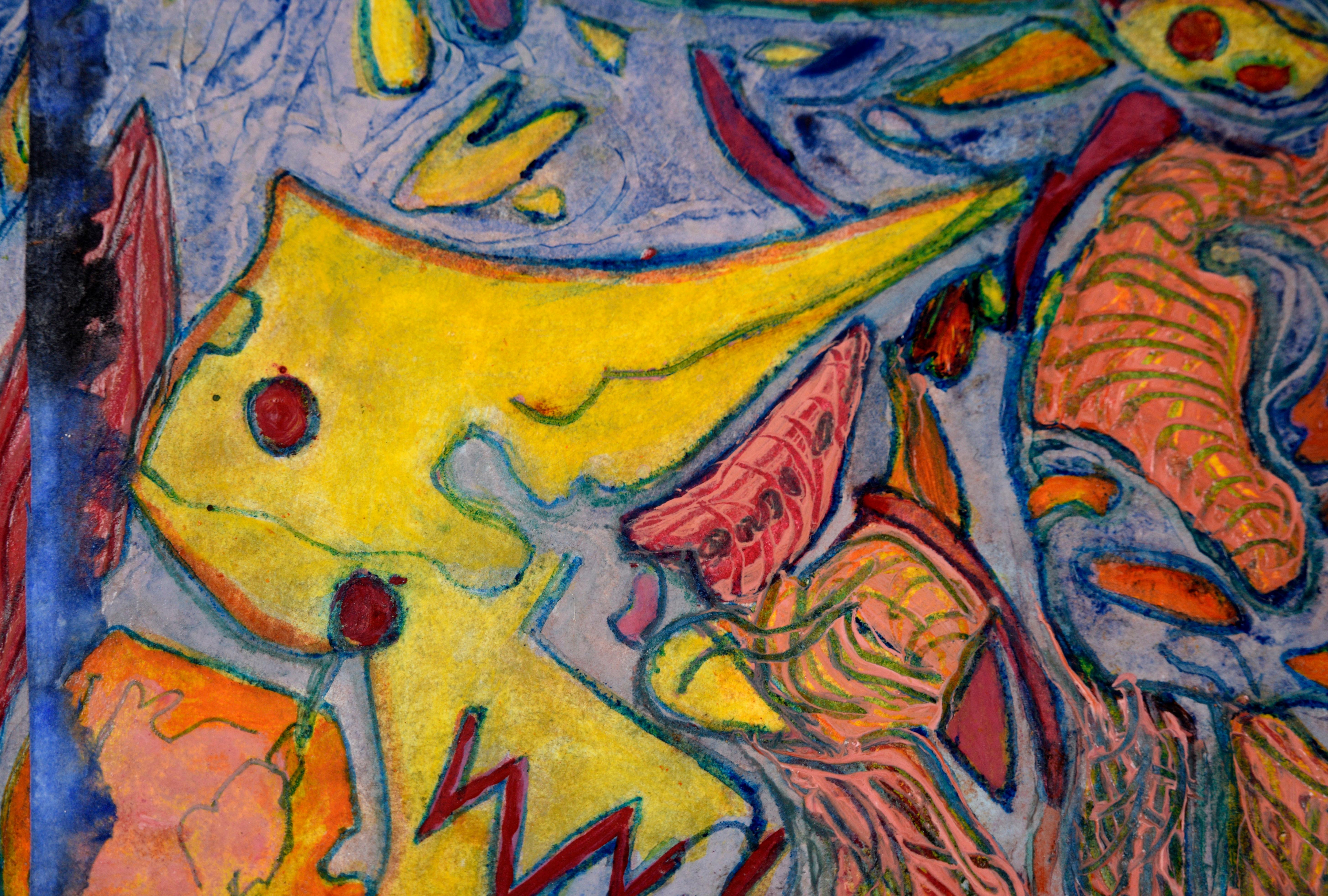 Carnaval abstrait en bleu, orange et jaune - Huile et Collage sur papier en vente 1