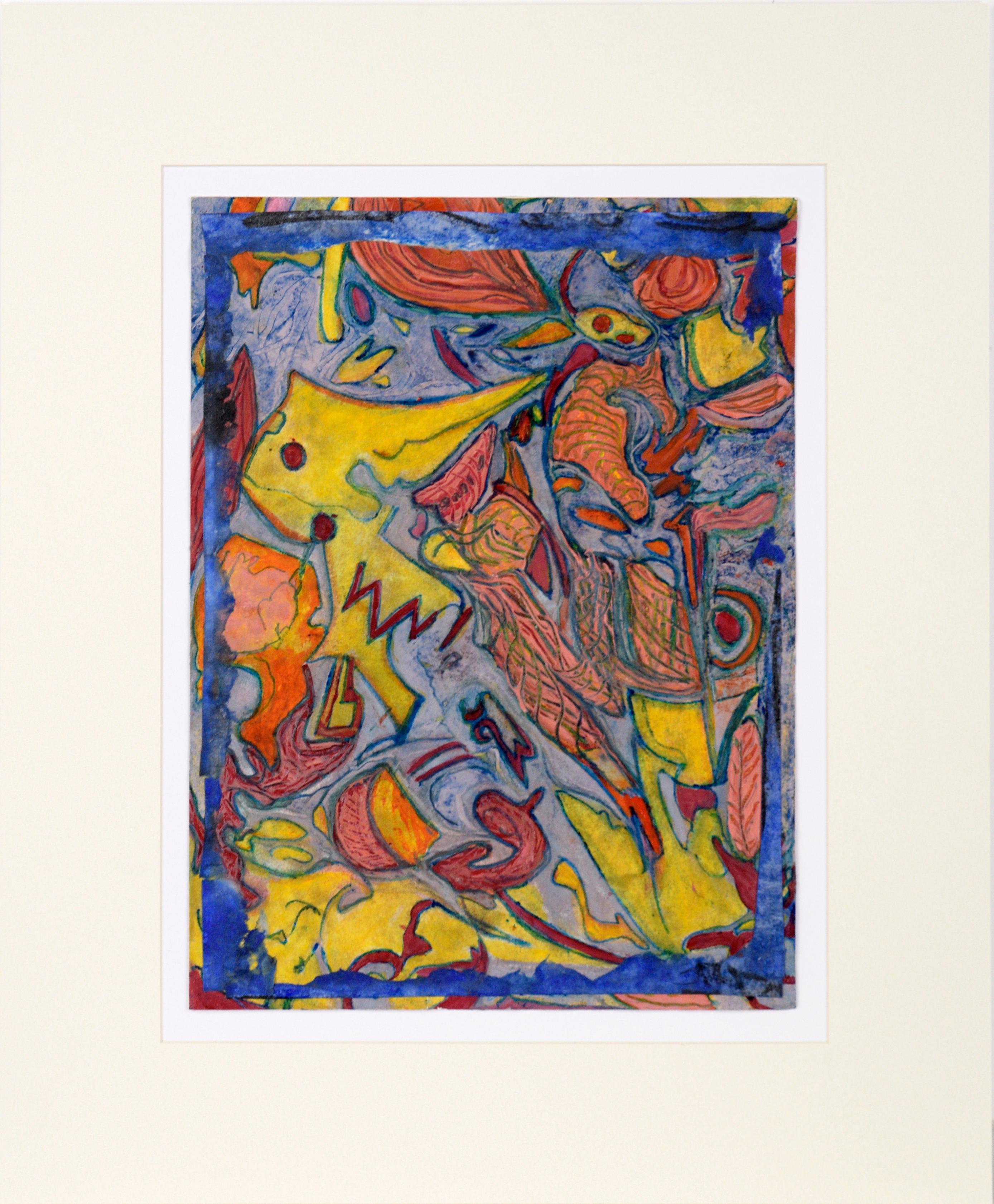 Jennie Rafton Abstract Painting – Carnival Abstract in Blau, Orange und Gelb - Öl und Collage auf Papier