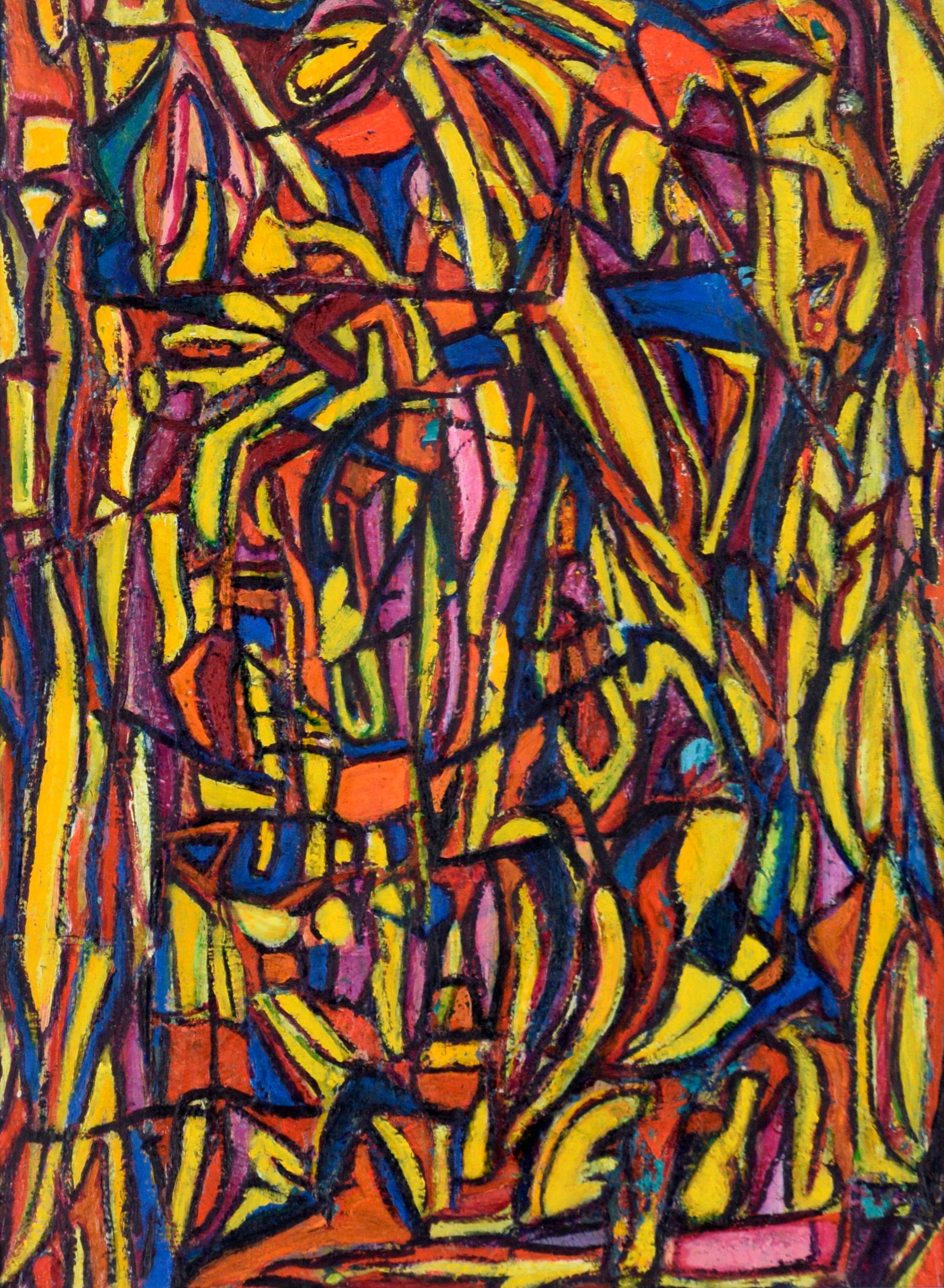 Psychedelic Abstract in Yellow, Blue, and Orange - Oil on Paper - Painting by Jennie Rafton