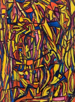 Psychedelisch Abstrakt in Gelb, Blau und Orange – Öl auf Papier
