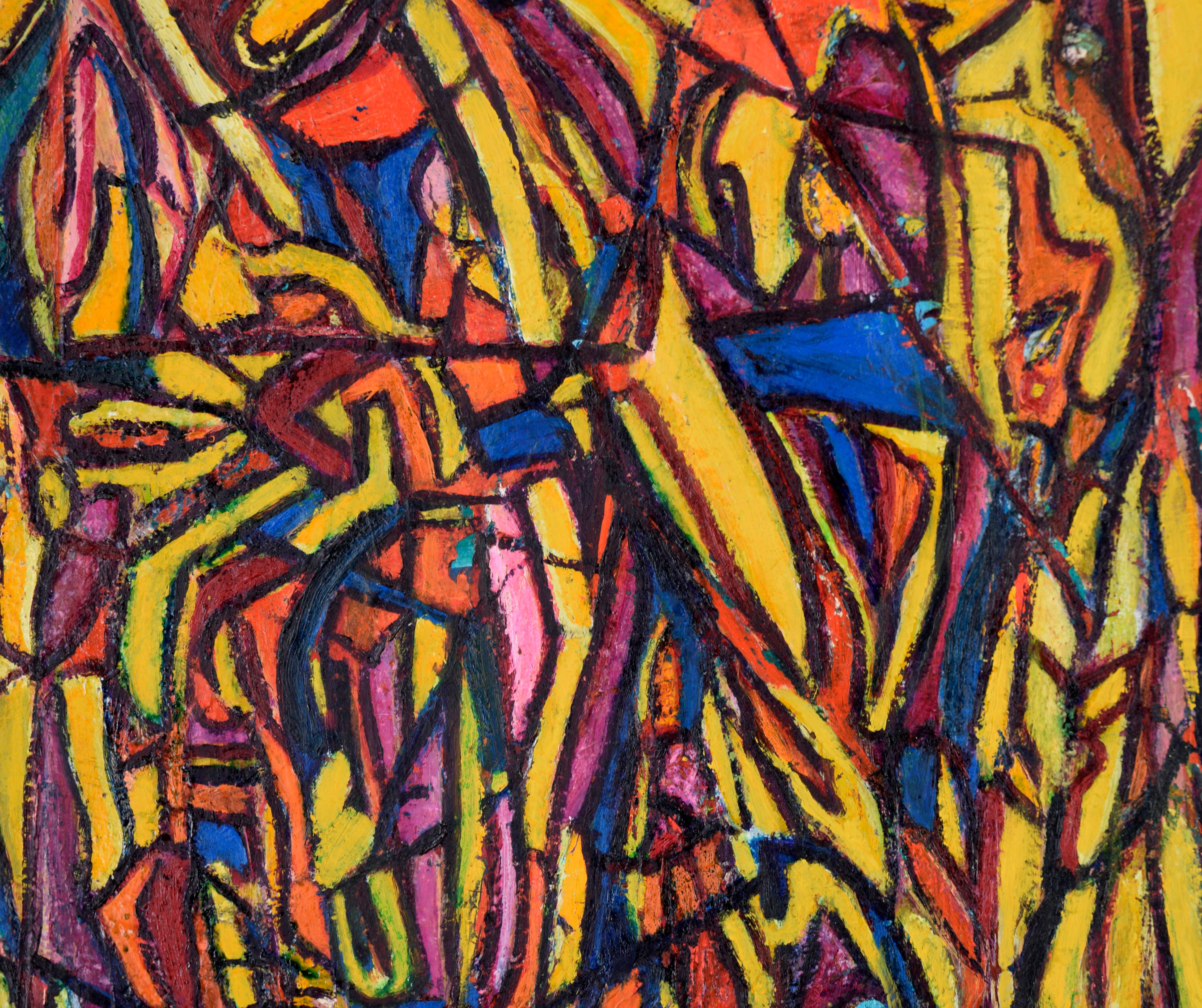 Psychedelic Abstract in Yellow, Blue, and Orange - Oil on Paper - Abstract Expressionist Painting by Jennie Rafton