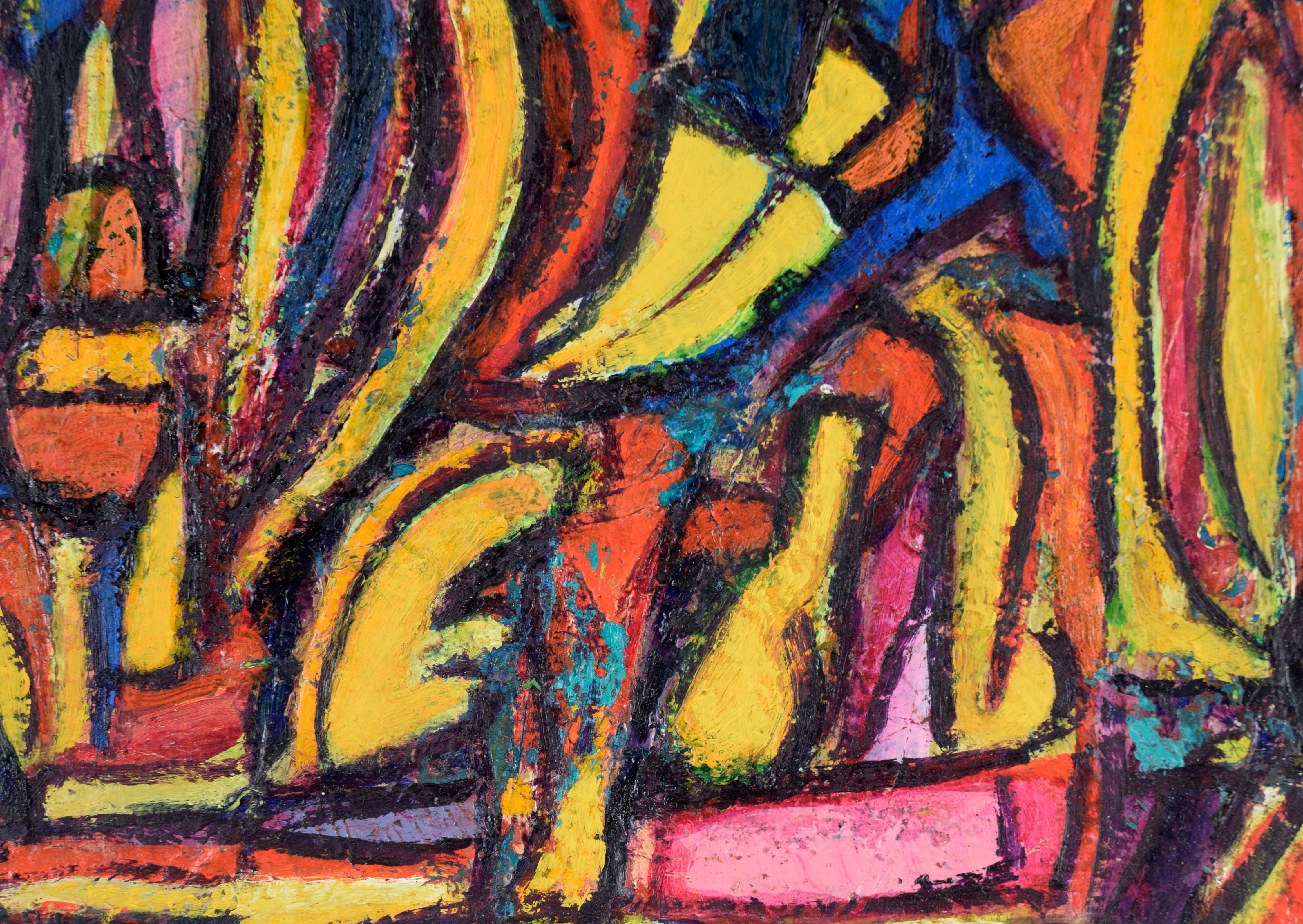 Psychedelic Abstract in Yellow, Blue, and Orange - Oil on Paper For Sale 2