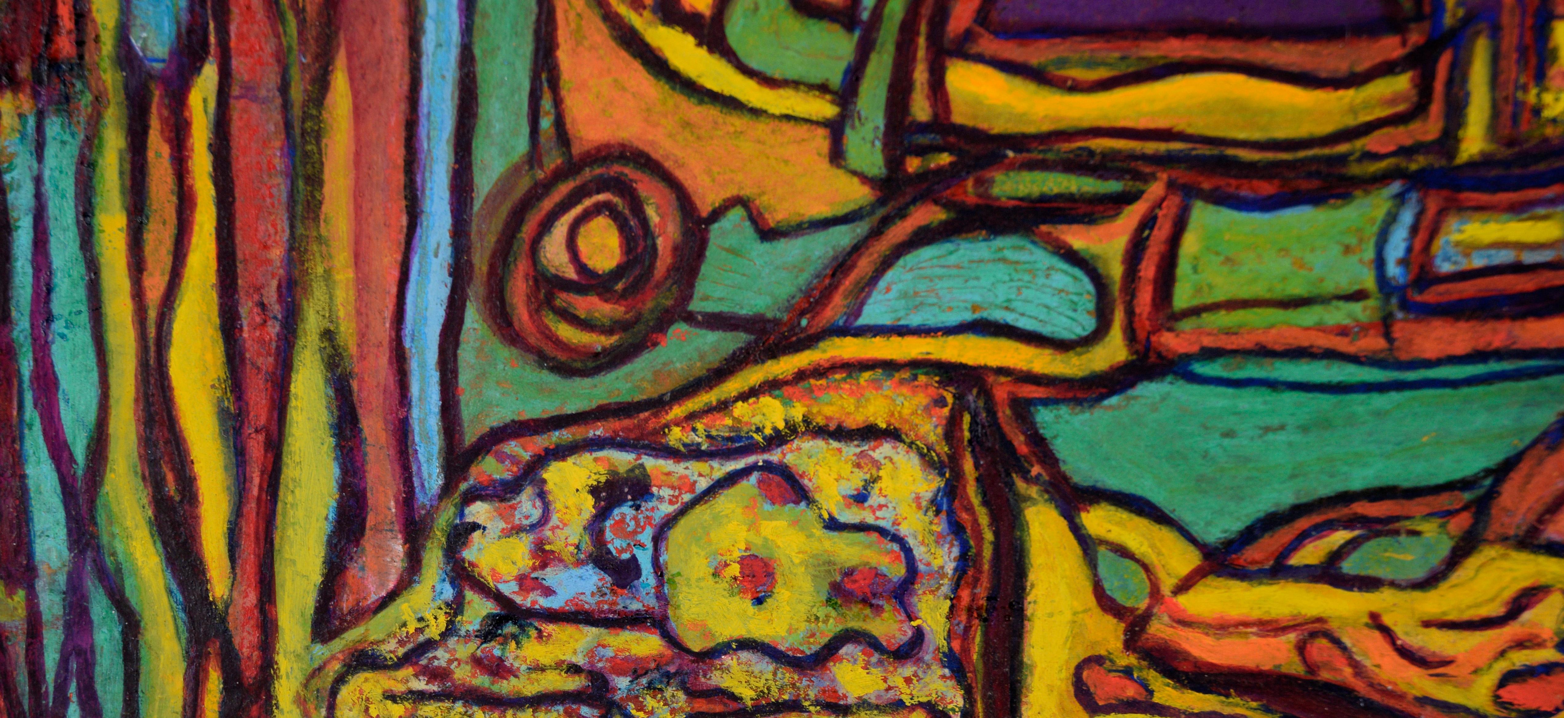 Psychedelic Abstract in Yellow, Teal, and Orange - Oil on Paper For Sale 2