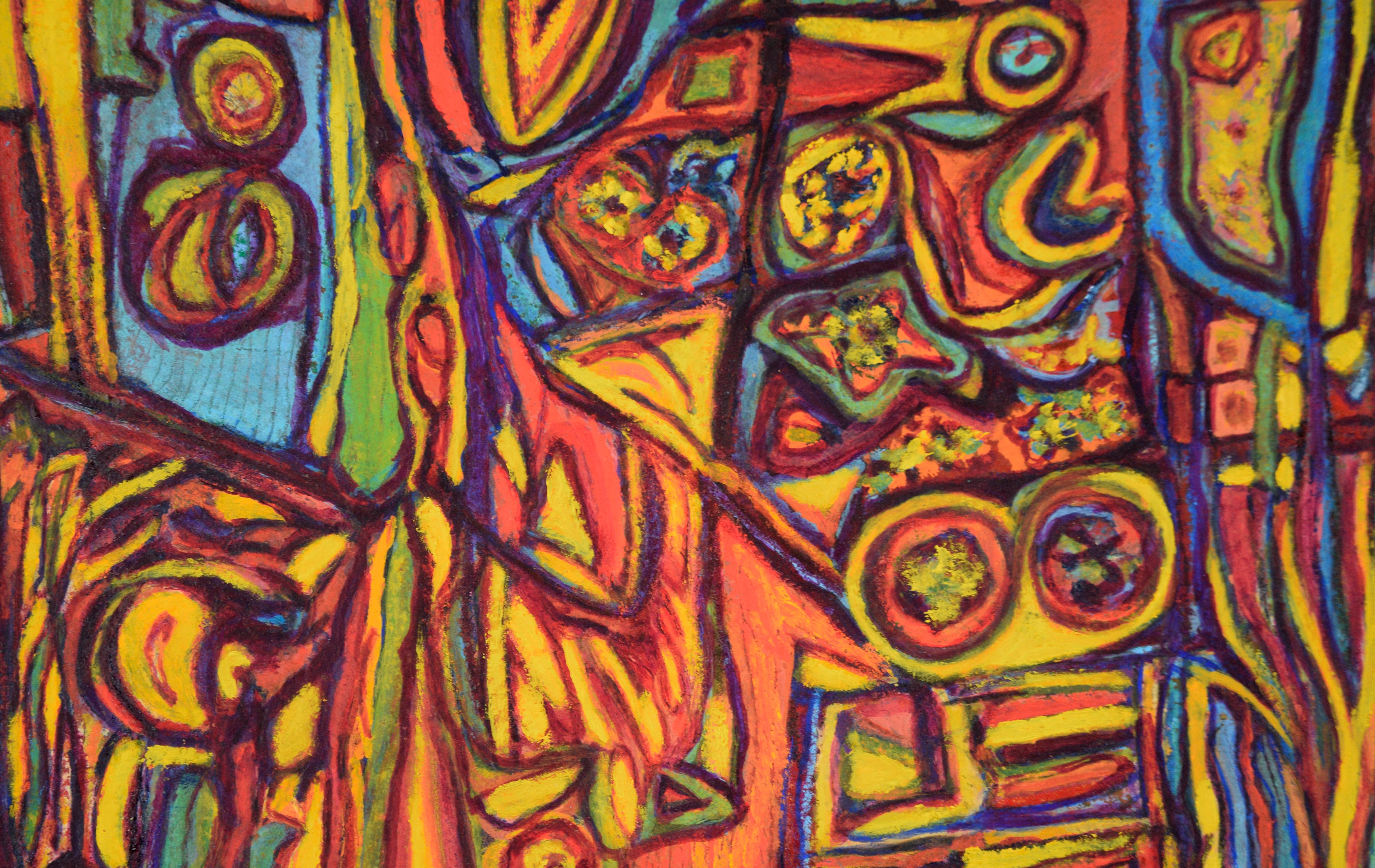 Psychedelic Abstract in Yellow, Teal, and Orange - Oil on Paper For Sale 3