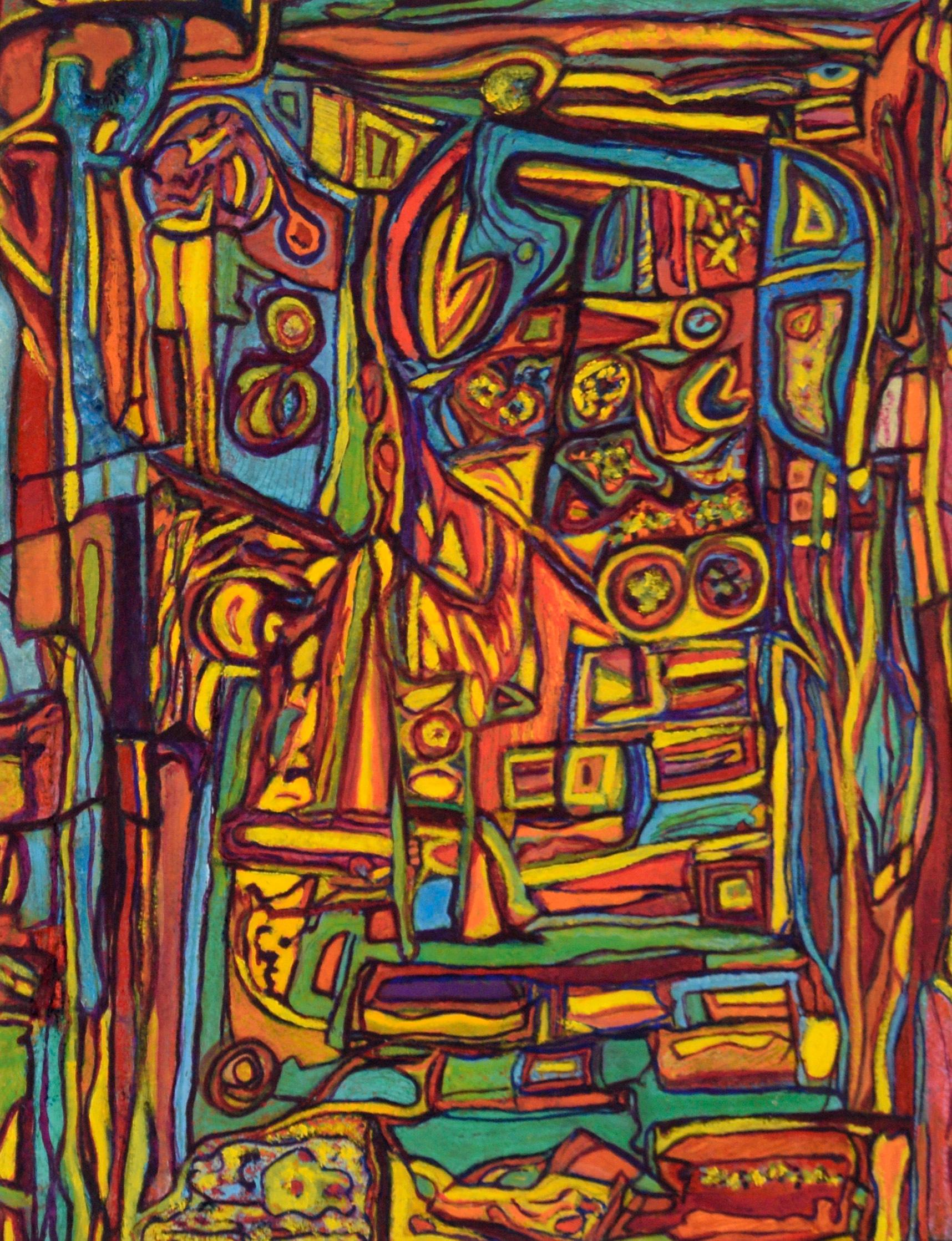 Psychedelic Abstract in Yellow, Teal, and Orange - Oil on Paper - Painting by Jennie Rafton