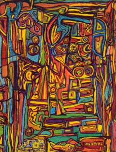 Psychedelisch Abstrakt in Gelb, Teal und Orange – Öl auf Papier