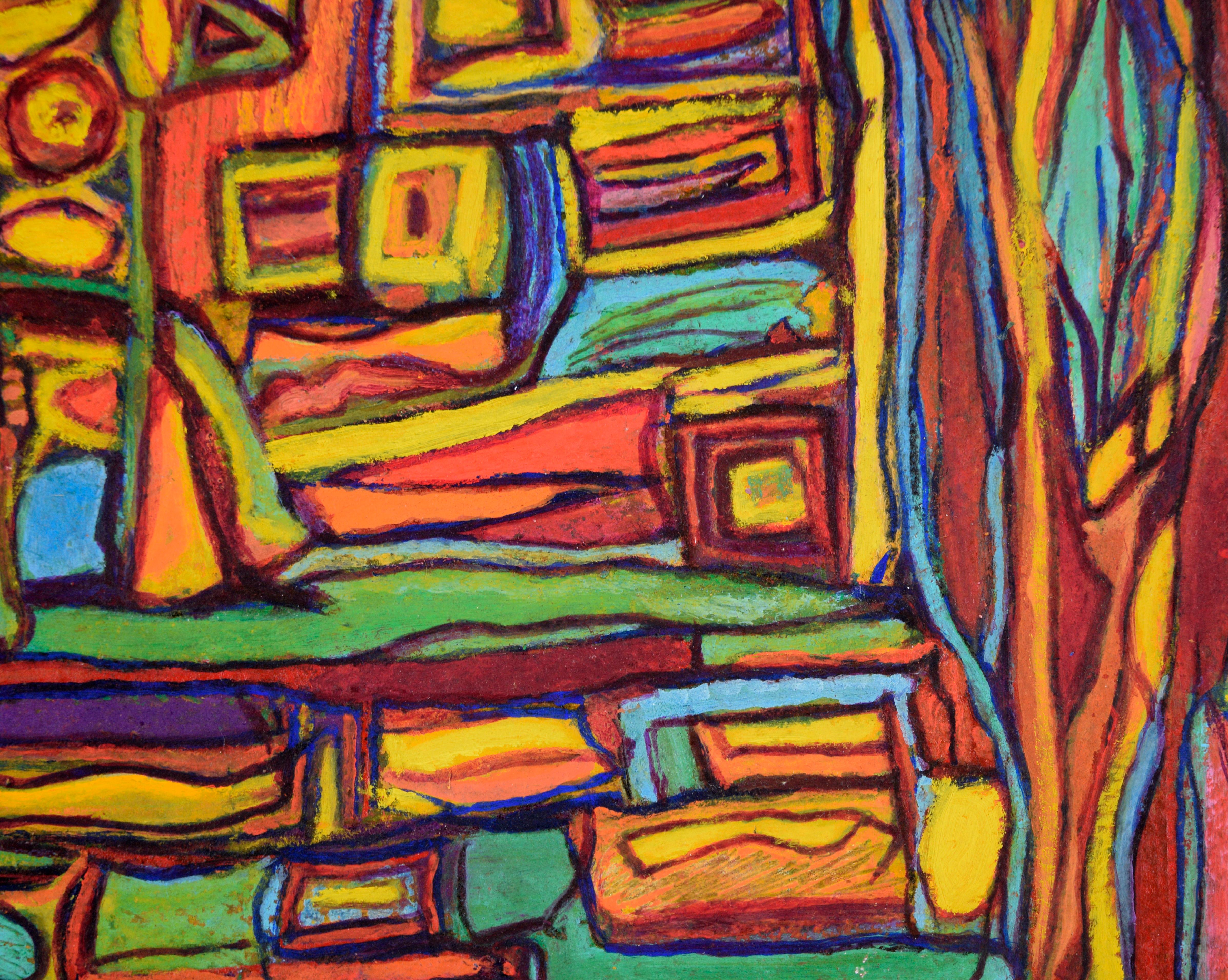 Psychedelic Abstract in Yellow, Teal, and Orange - Oil on Paper - Beige Abstract Painting by Jennie Rafton