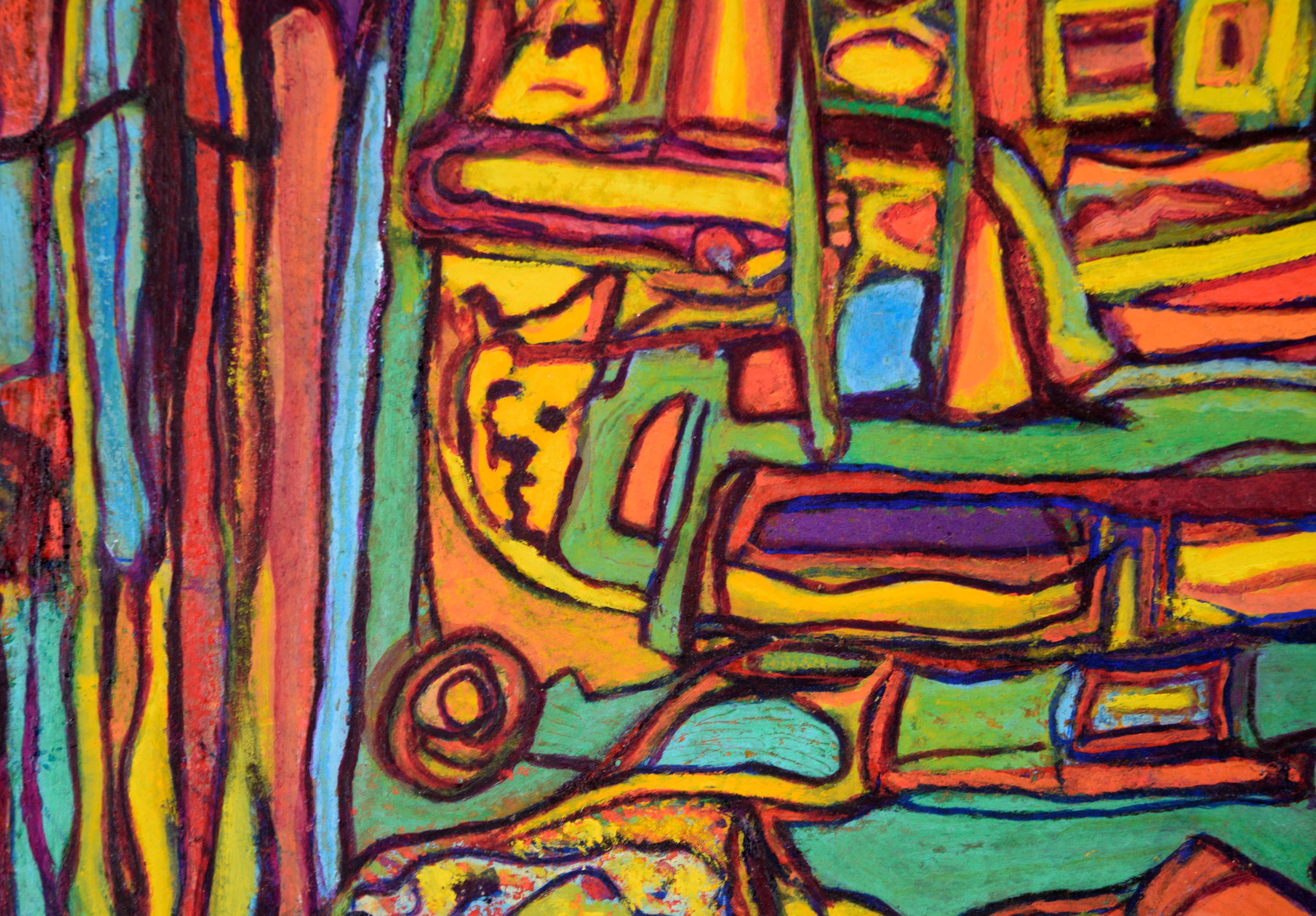 Psychedelic Abstract in Yellow, Teal, and Orange - Oil on Paper

Bright and colorful abstract by Jennie T. Rafton (American, b. 1925). Pattens and shapes spill across the paper, full of complexity and detail. The majority of the shapes are