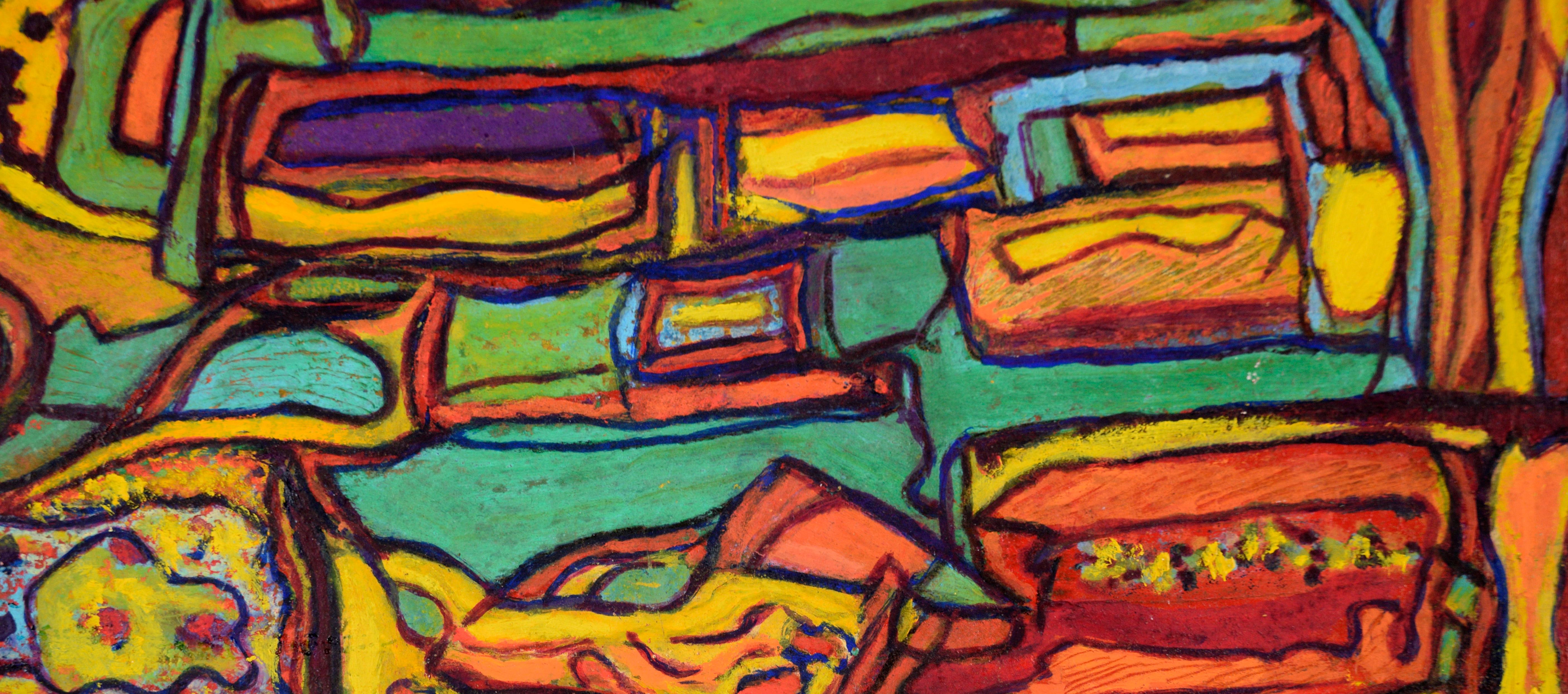 Psychedelic Abstract in Yellow, Teal, and Orange - Oil on Paper For Sale 1