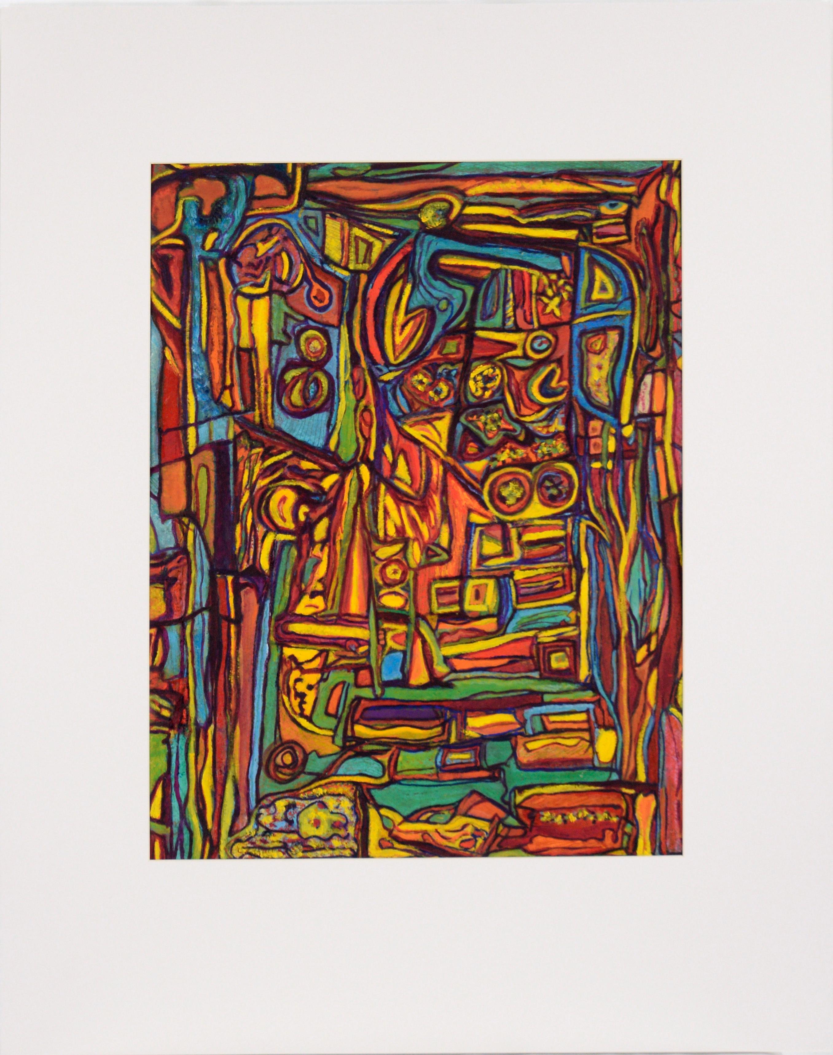 Jennie Rafton Abstract Painting - Psychedelic Abstract in Yellow, Teal, and Orange - Oil on Paper