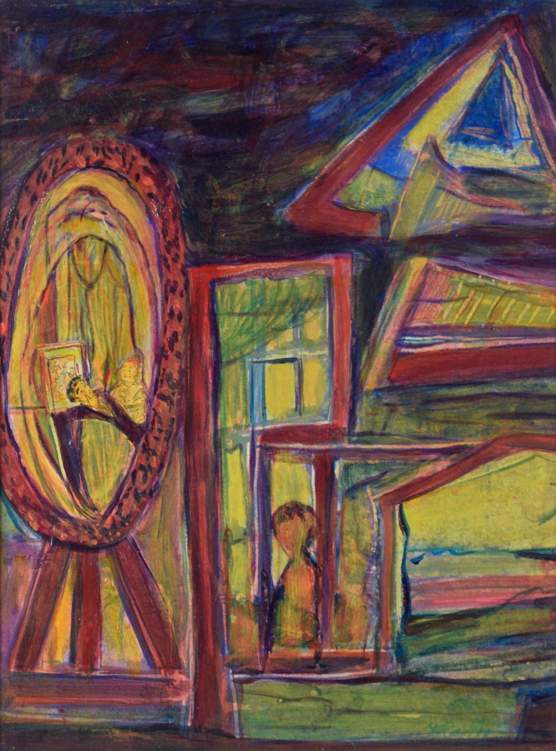 Psychedelisches abstraktes Interieur mit Spiegel in Öl auf Papier – Painting von Jennie Rafton