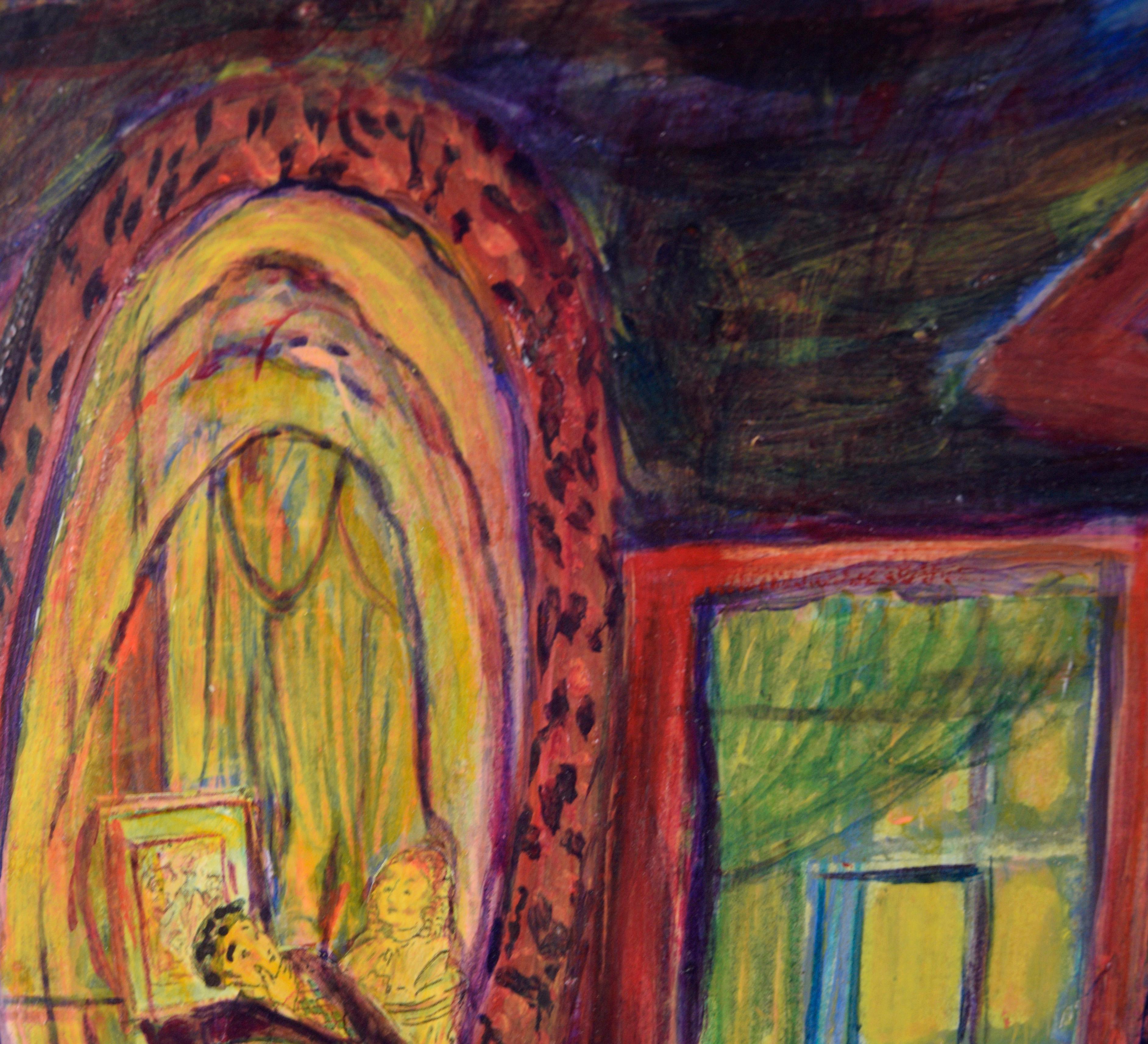 Intérieur abstrait psychédélique avec miroir à l'huile sur papier - Beige Abstract Painting par Jennie Rafton