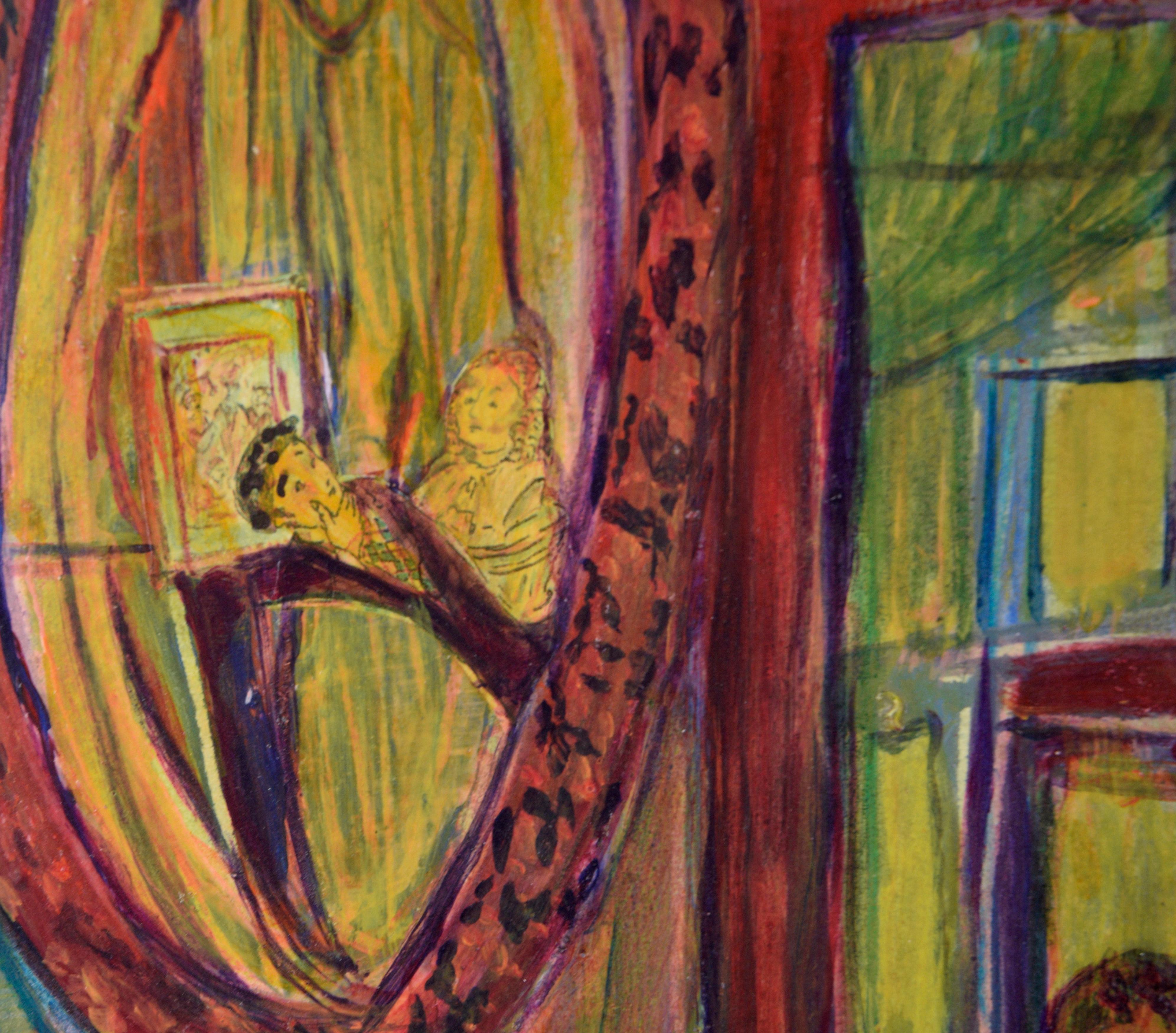 Psychedelisches abstraktes Interieur mit Spiegel in Öl auf Papier

Moody abstraktes Interieur von Jennie T. Rafton (Amerikanerin, geb. 1925). Das Innere eines Hauses wird mit einem großen runden Spiegel gezeigt. Im Spiegelbild sind zwei