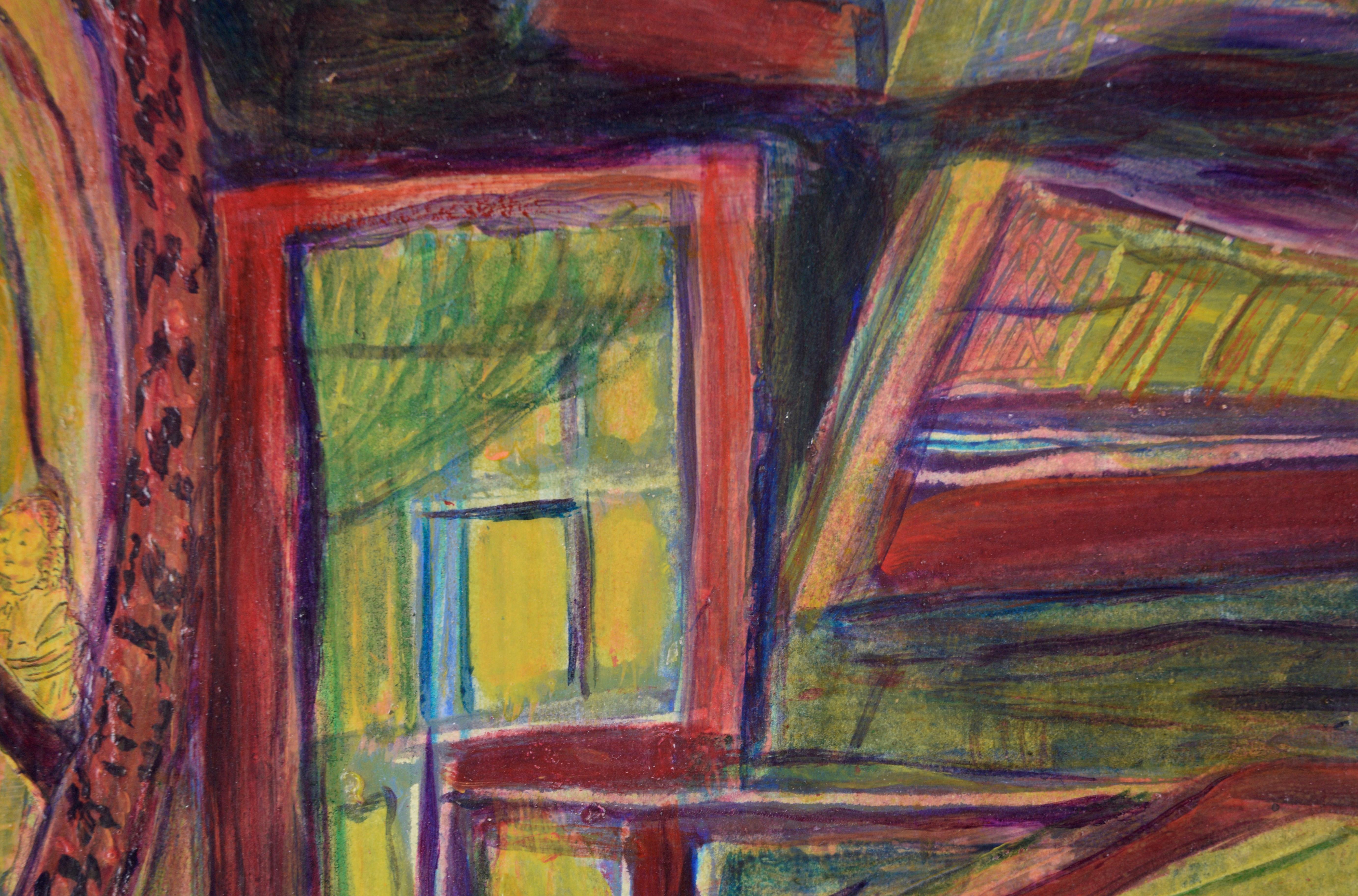 Psychedelic Abstract Interior with Mirror in Oil on Paper For Sale 1