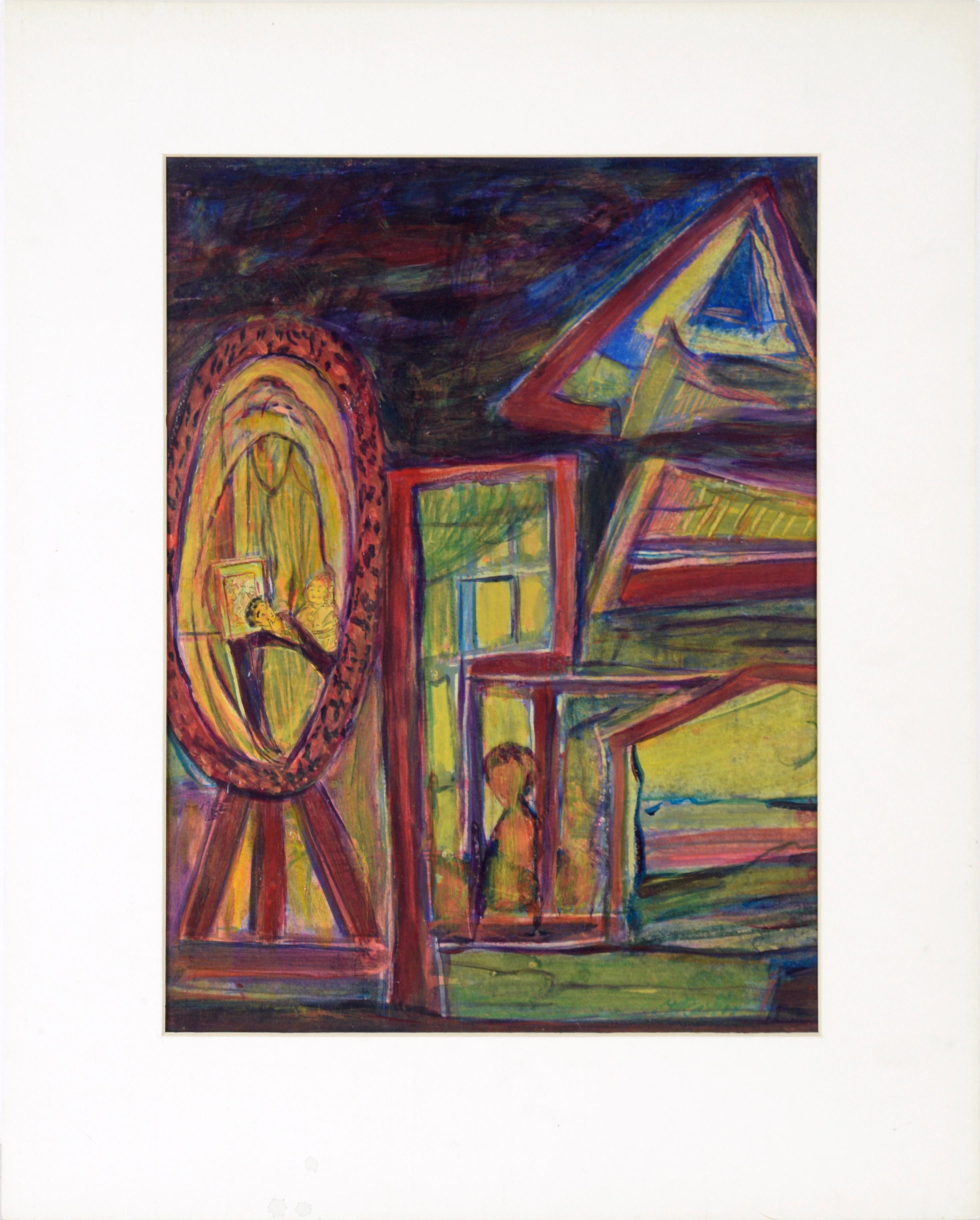 Abstract Painting Jennie Rafton - Intérieur abstrait psychédélique avec miroir à l'huile sur papier