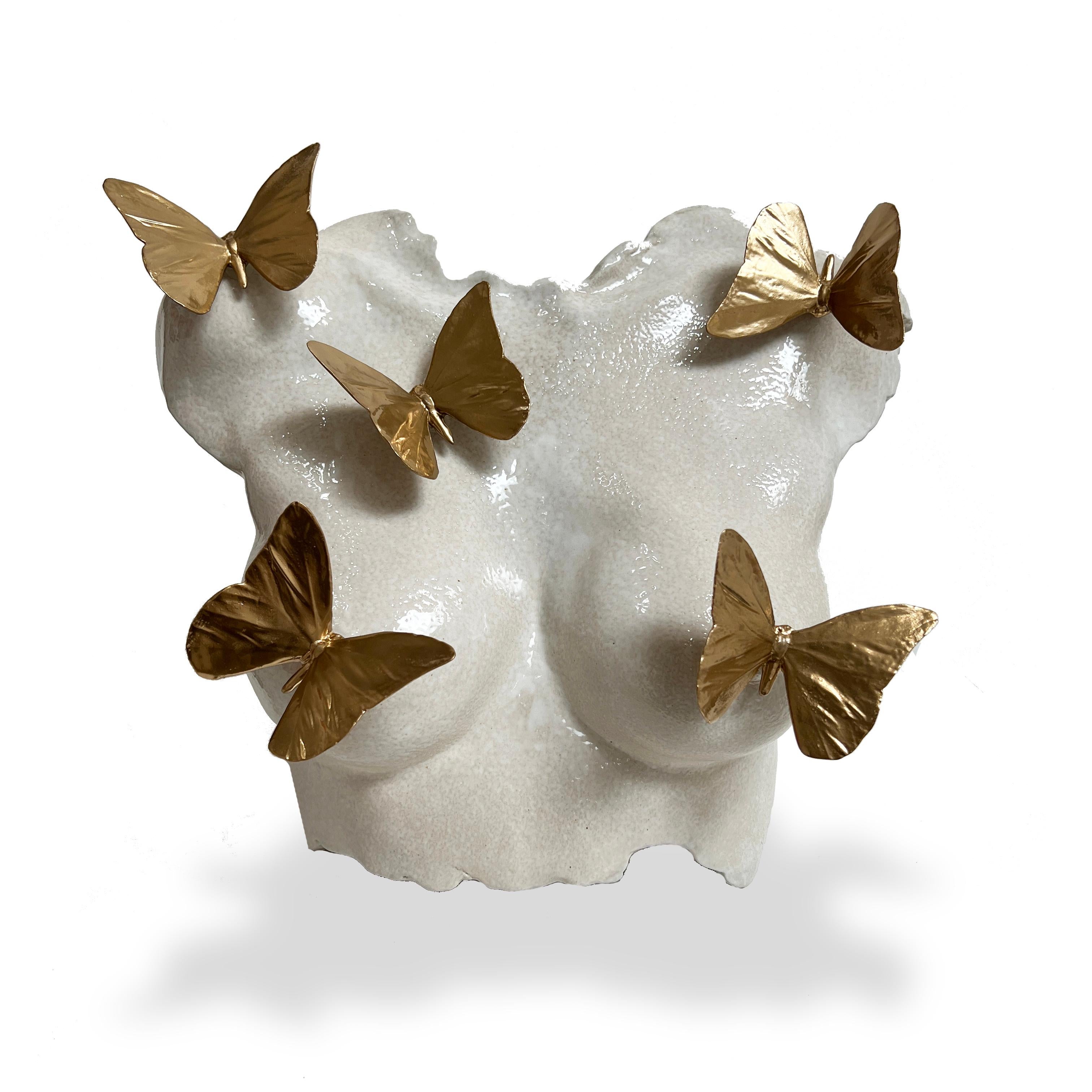 This exquisite freestanding sculpture, measuring 13 inches high and 16 inches wide, and 7 inches deep, is a true work of art. The piece is created with a shiny off white glaze that imbues it with a soft and ethereal quality, elevating the overall