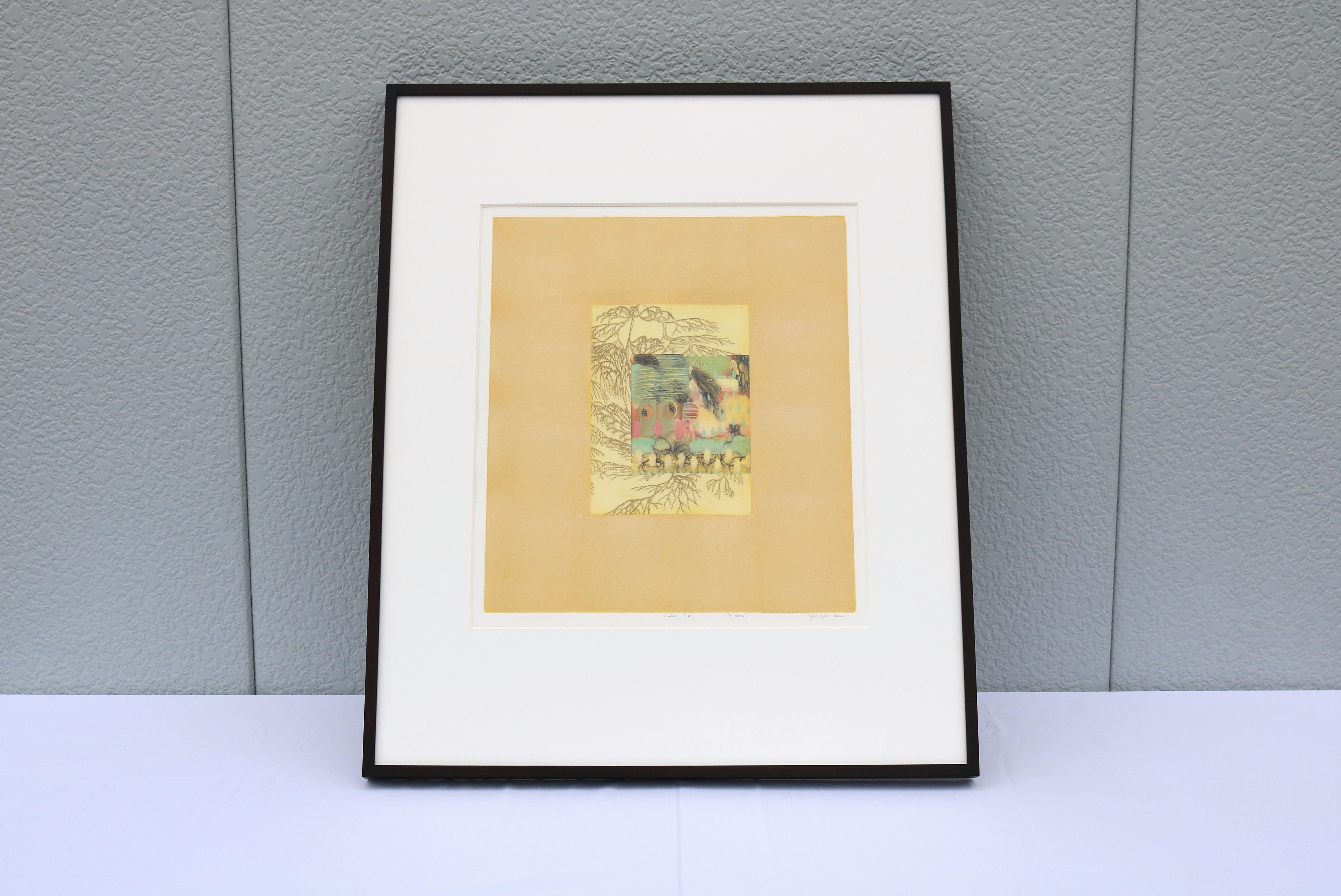 Fabelhaftes abstraktes Monotypie-Kunstwerk der Künstlerin Jennifer Bain.
Einzigartige, außergewöhnliche Monotypie in Farben auf Velinpapier. 
Es ist vom Künstler mit Bleistift am unteren Rand signiert, datiert, nummeriert und betitelt.
Dieses