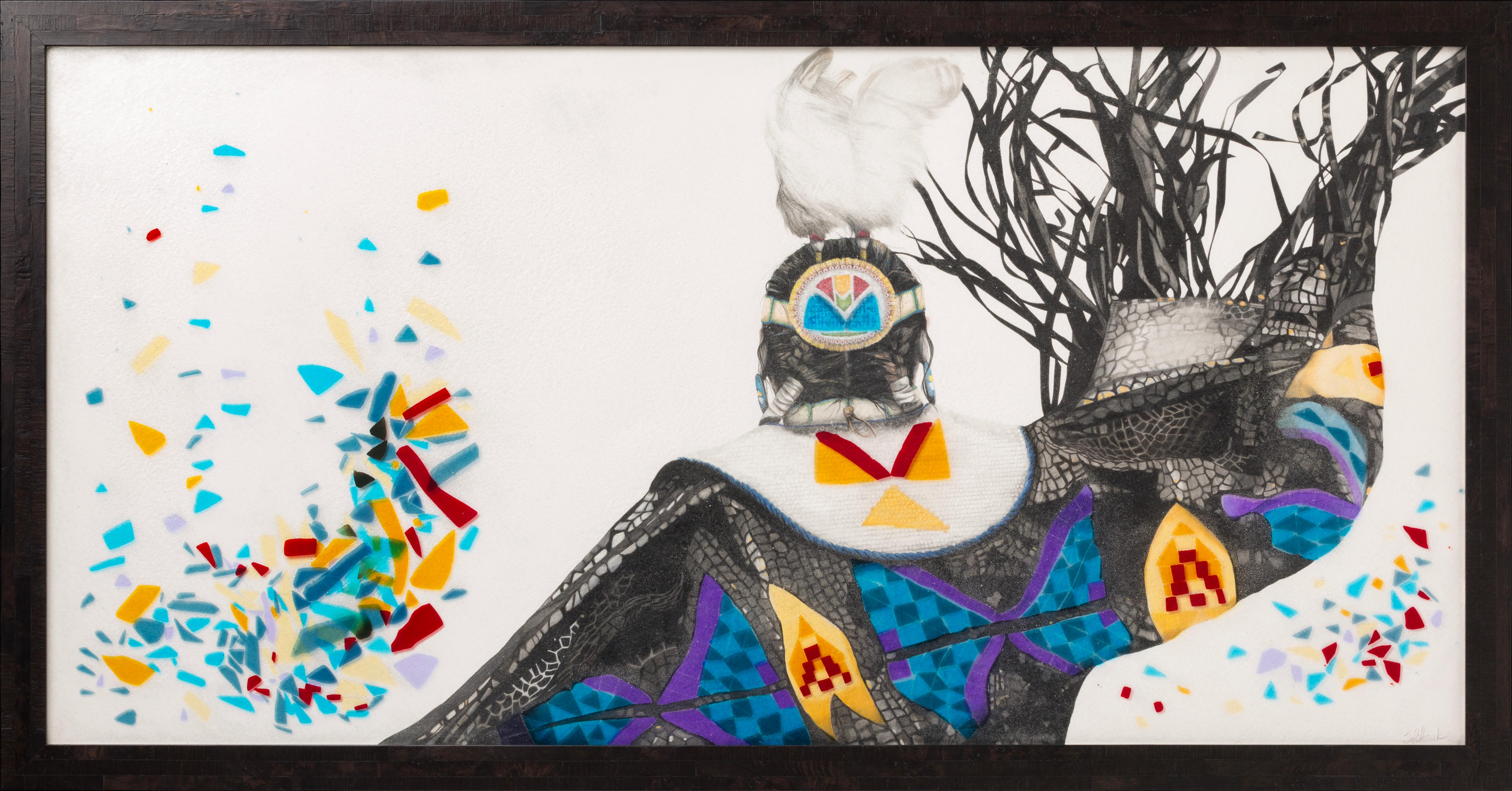 „Celebrate“ amerikanischer indischer schwarz-weißer Bleistift mit farbigem Glasofen Orig – Mixed Media Art von Jennifer Baker