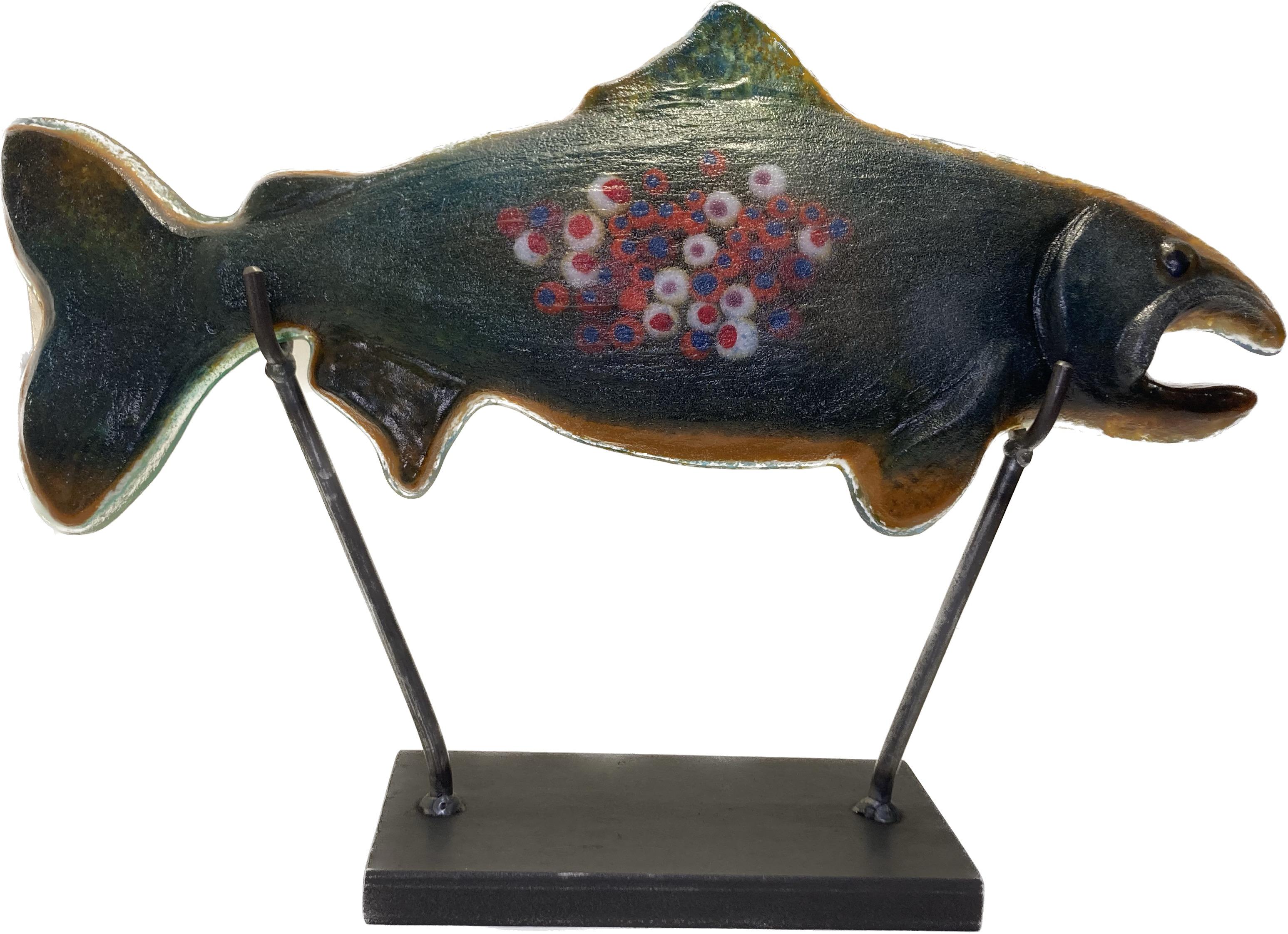 Jennifer Baker Abstract Sculpture - "Wild Caught 33" Casted Glass Dark Blue red spots wall or with base for tabletop