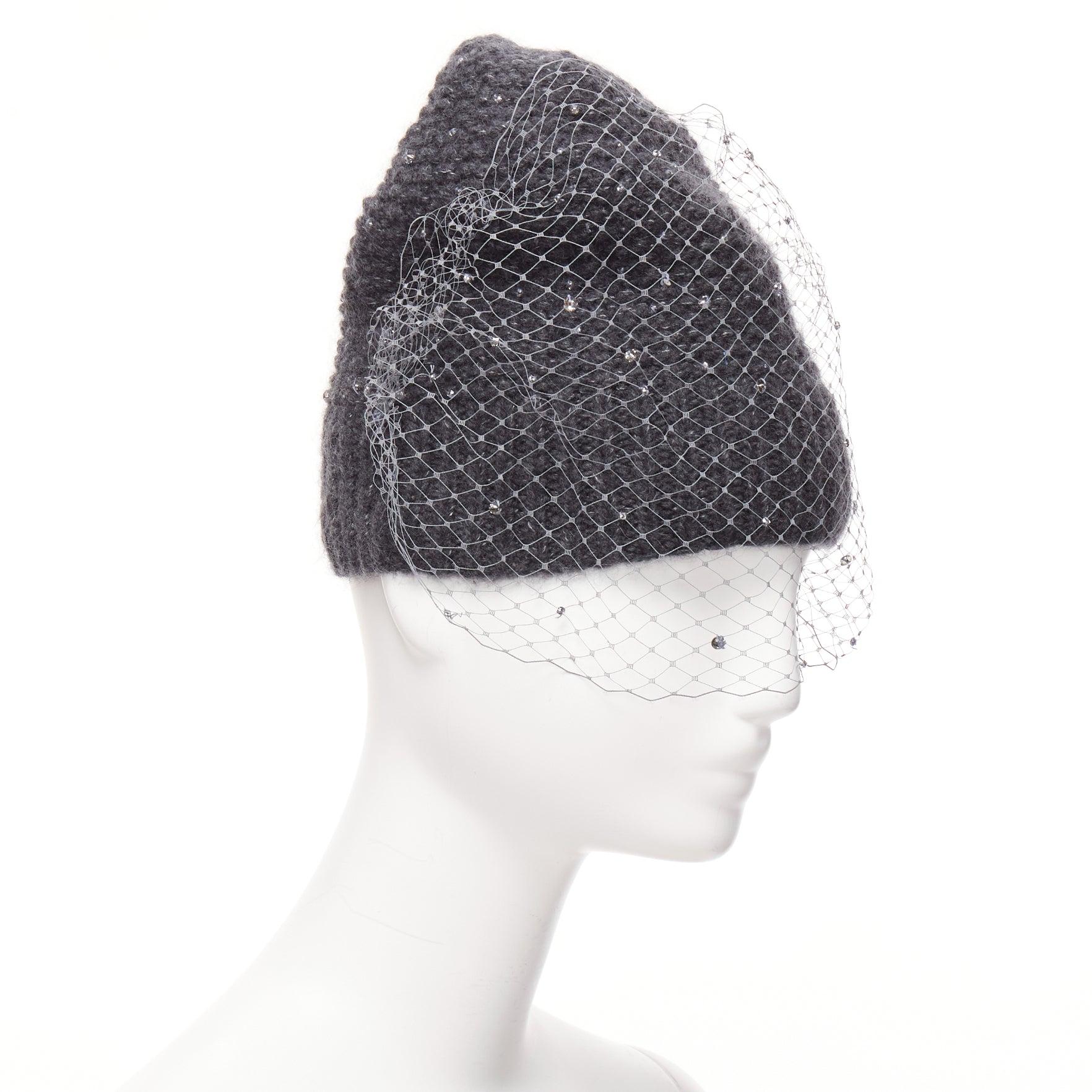Gray JENNIFER BEHR grey charcoal crystal beads veil round top beanie hat For Sale