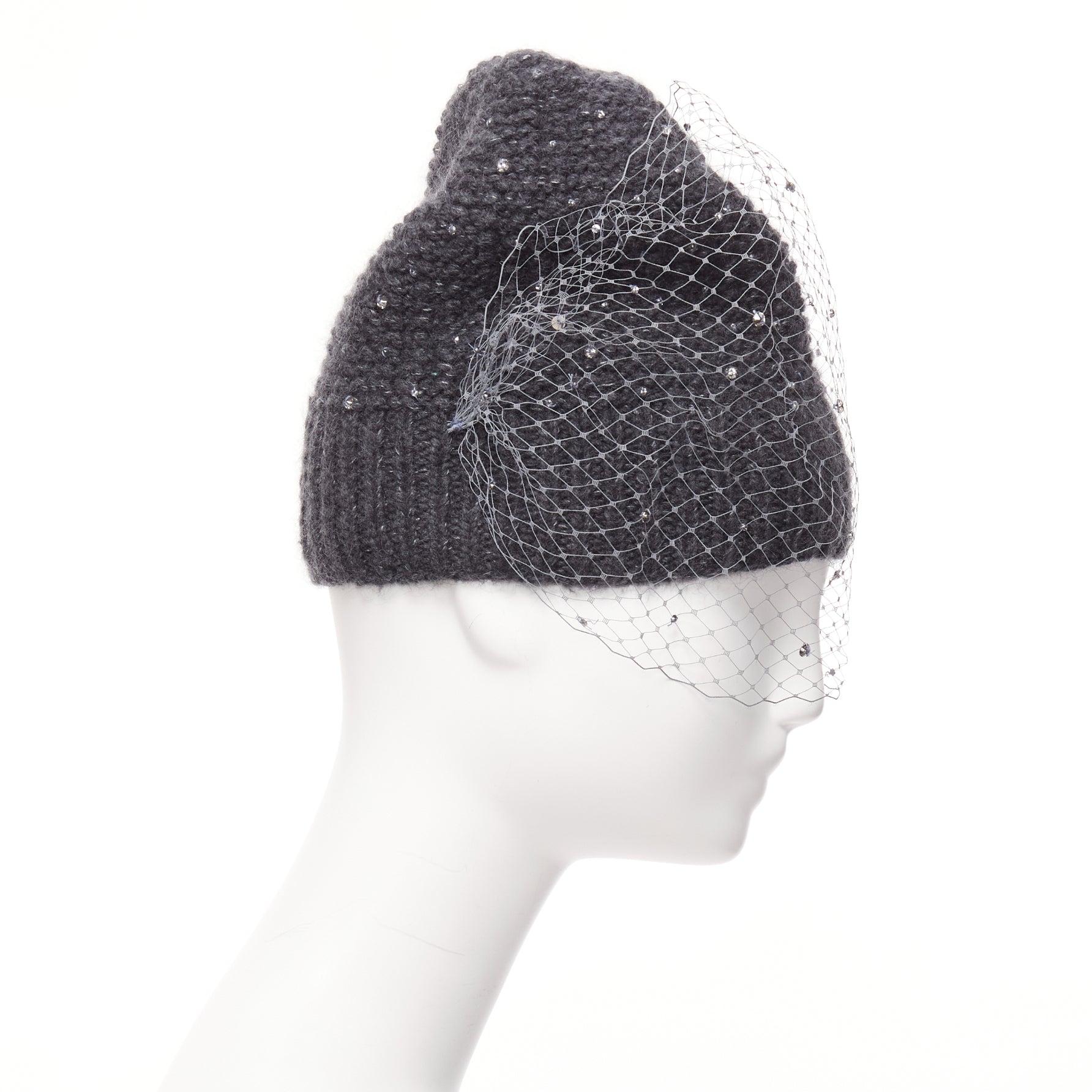 Women's JENNIFER BEHR grey charcoal crystal beads veil round top beanie hat For Sale