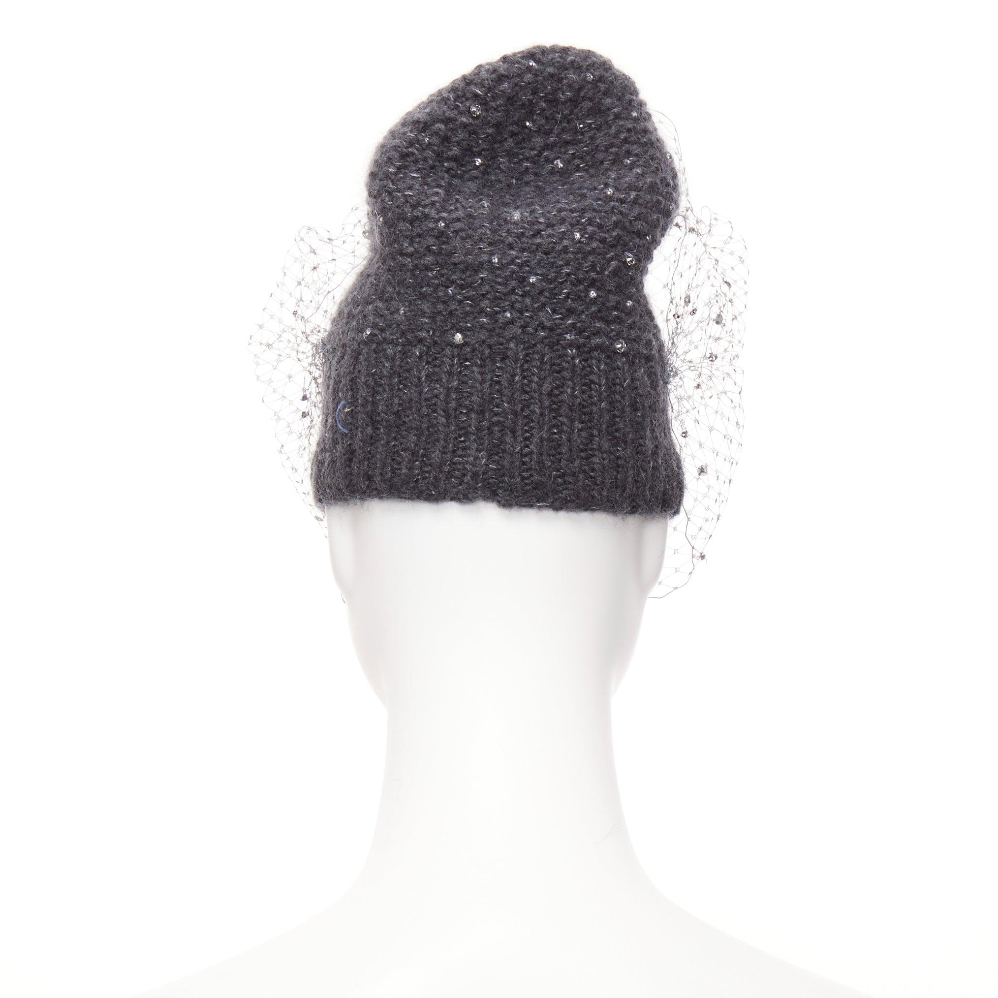 Women's JENNIFER BEHR grey charcoal crystal beads veil round top beanie hat For Sale
