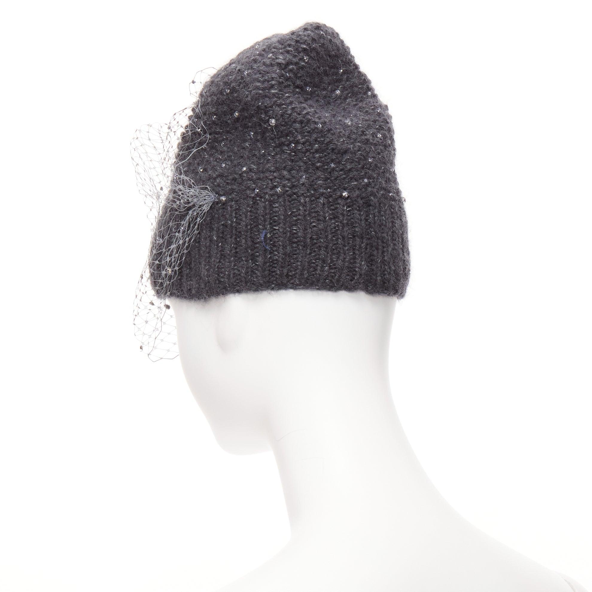 JENNIFER BEHR grey charcoal crystal beads veil round top beanie hat For Sale 2