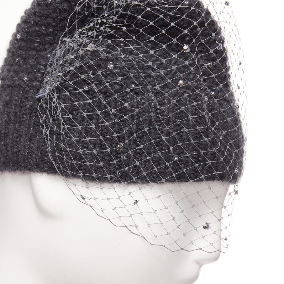 JENNIFER BEHR grey charcoal crystal beads veil round top beanie hat For Sale 3