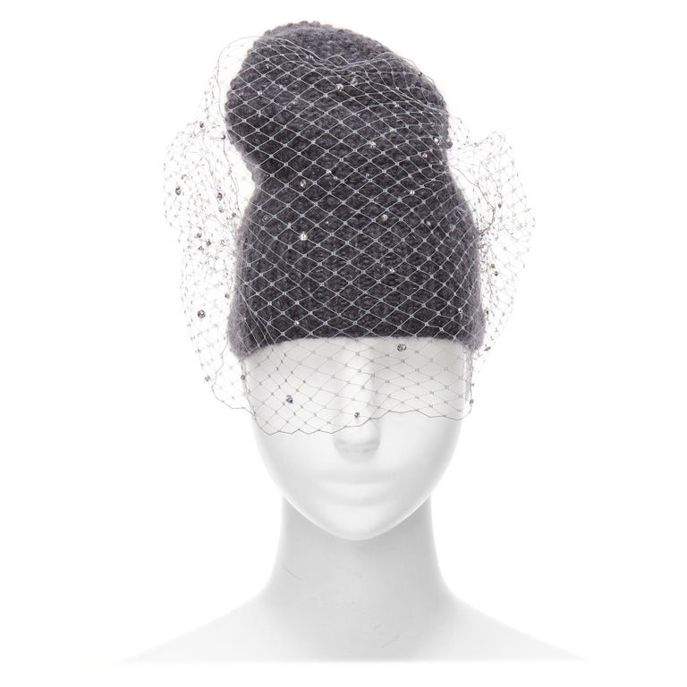 JENNIFER BEHR grey charcoal crystal beads veil round top beanie hat