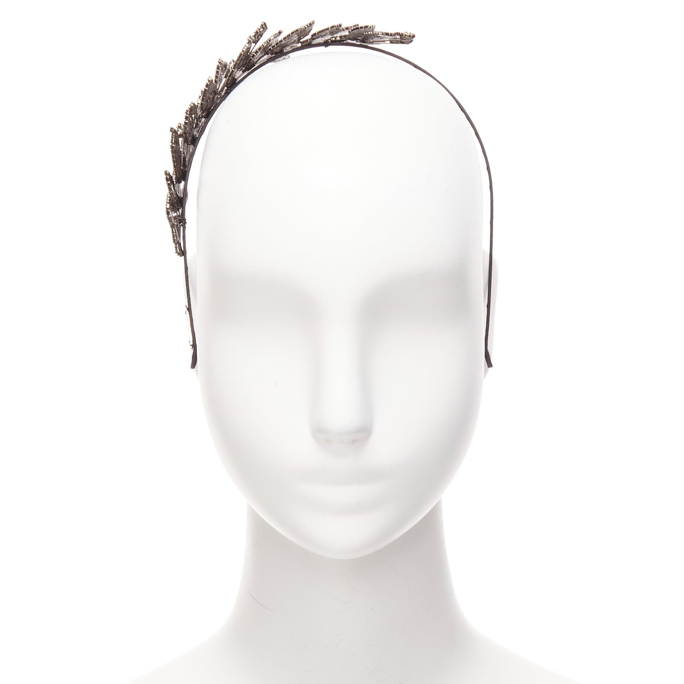 JENNIFER BEHR silver crystal tiered leaves black fabric wrap Alice headband In Good Condition For Sale In Hong Kong, NT