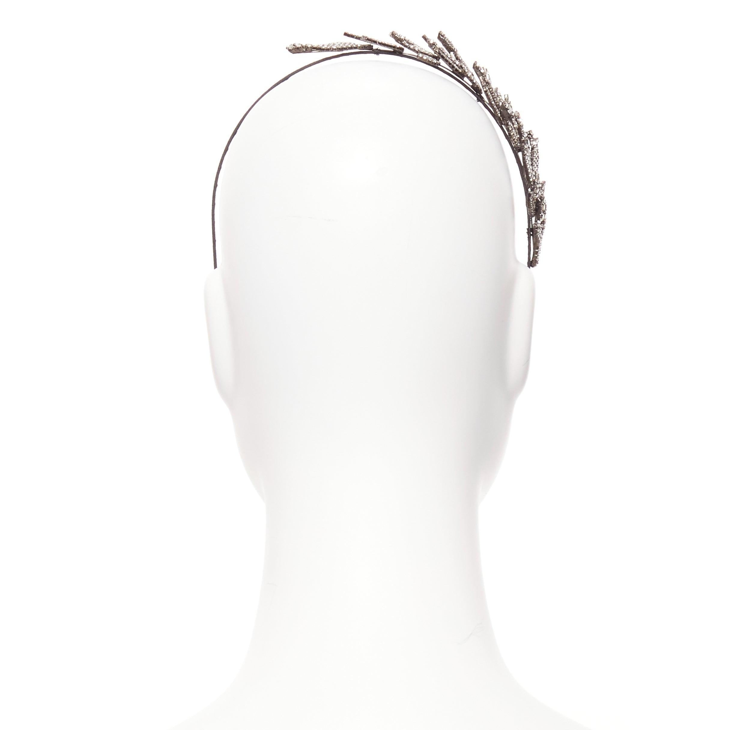 JENNIFER BEHR silver crystal tiered leaves black fabric wrap Alice headband For Sale 1