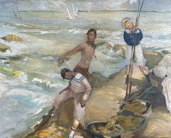 "Picasso, St Christopher and the Philosopher", men by the ocean fishing, boats