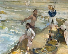 "Picasso, St Christopher and the Philosopher", men by the ocean fishing, boats
