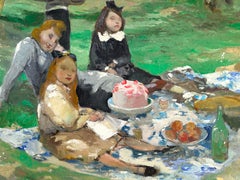 "Family Picnic by the Sea" children enjoying a picnic and cake with their father