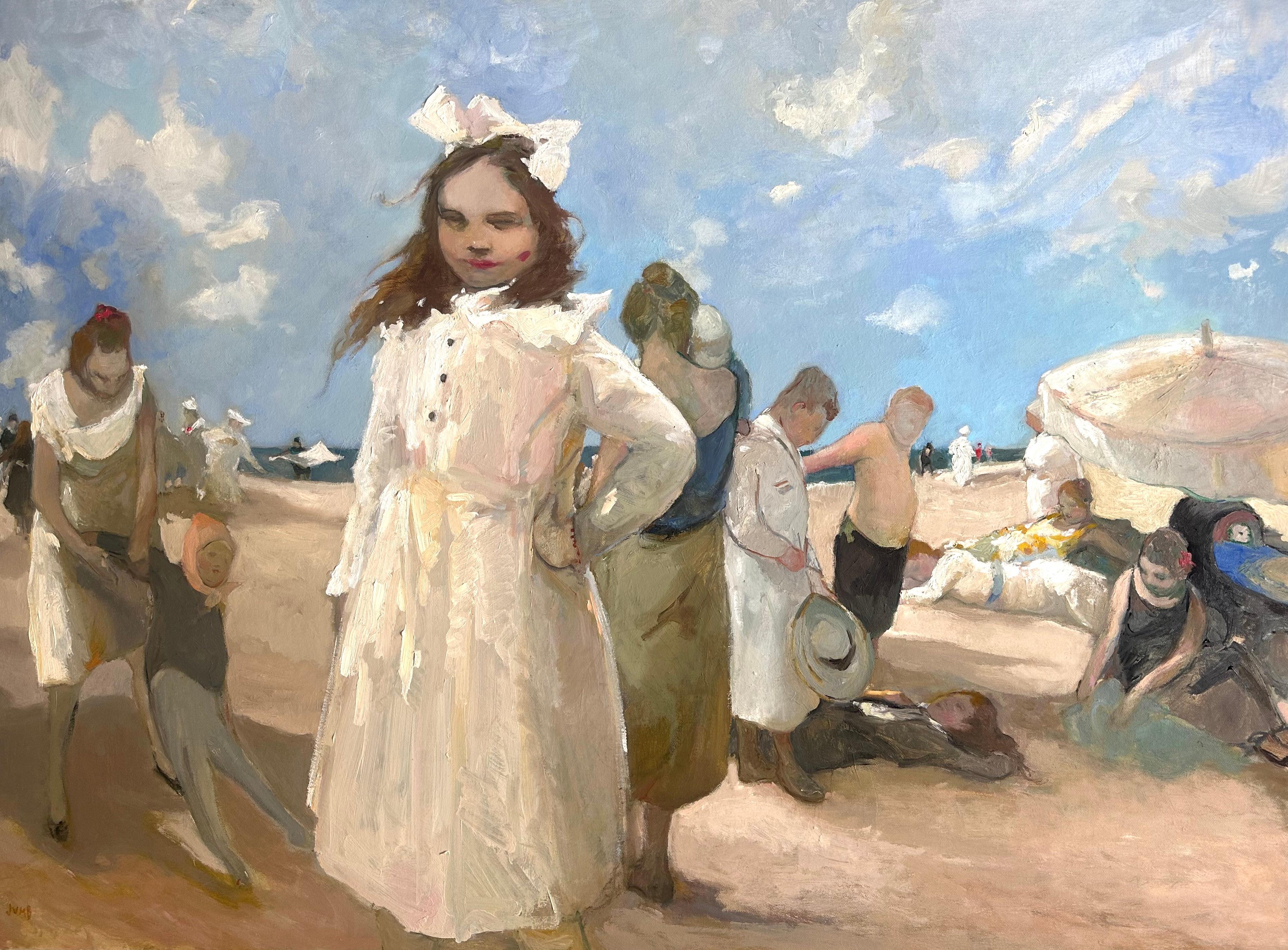 Portrait Painting di Jennifer Bell - "Mare in Francia" Ragazza sulla spiaggia, tempo in famiglia, oceano, cielo, bambini