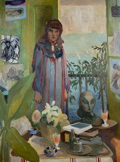 "Terraza sobre Niza" pintura figurativa de una mujer junto al océano, Francia