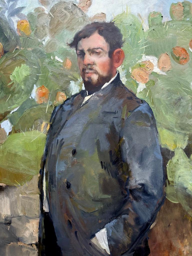Figurative Painting de Jennifer Bell - "El Crítico de Arte" retrato de un hombre trajeado delante de los cactus