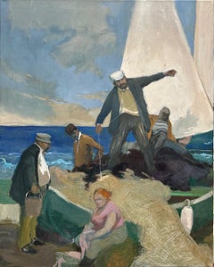 Used "The Last Catch of the Day" nautical scene in Italy people getting on sailboat