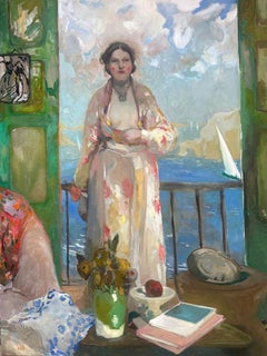 "The Muse in Nice" figurative painting of a woman in France by the water, ocean