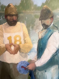"The Regatta" Oil painting of two men at boat race, Impressionism, Lake front