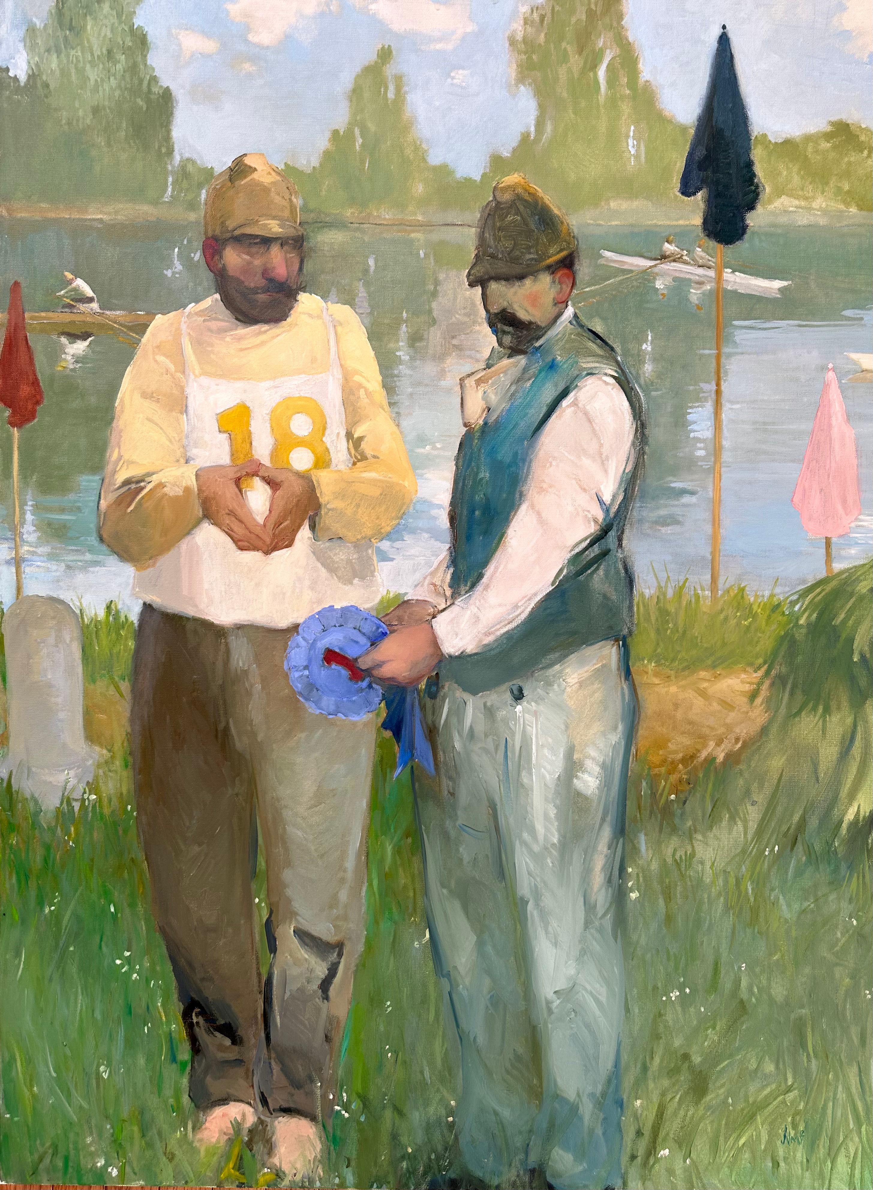 "The Regatta" Peinture à l'huile de deux hommes lors d'une course de bateaux, Impressionnisme, bord de lac