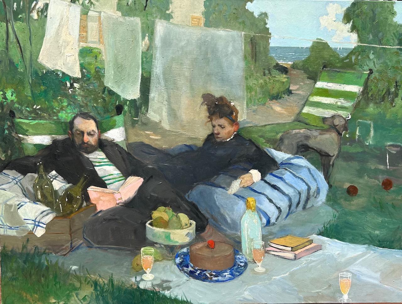"The Summer House" Two Italian men having a picnic by the sea  - Painting by Jennifer Bell