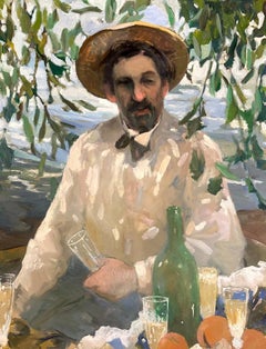 "The Wedding Guest" portrait of a man sitting at the table enjoying a drink