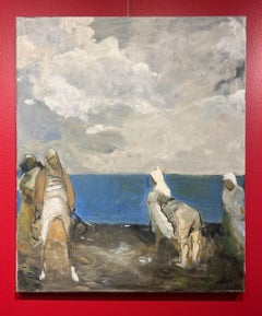 "Untitled 2" Vertical oil painting seascape Italian scene of locals and animals