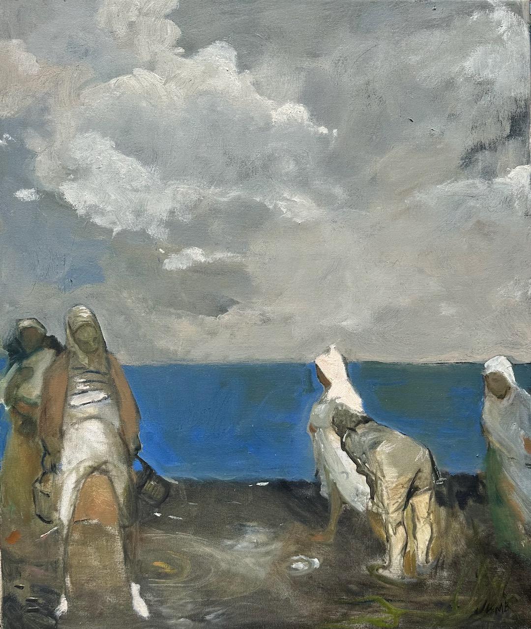 "Untitled 2" Vertical oil painting seascape Italian scene of locals and animals - Painting by Jennifer Bell