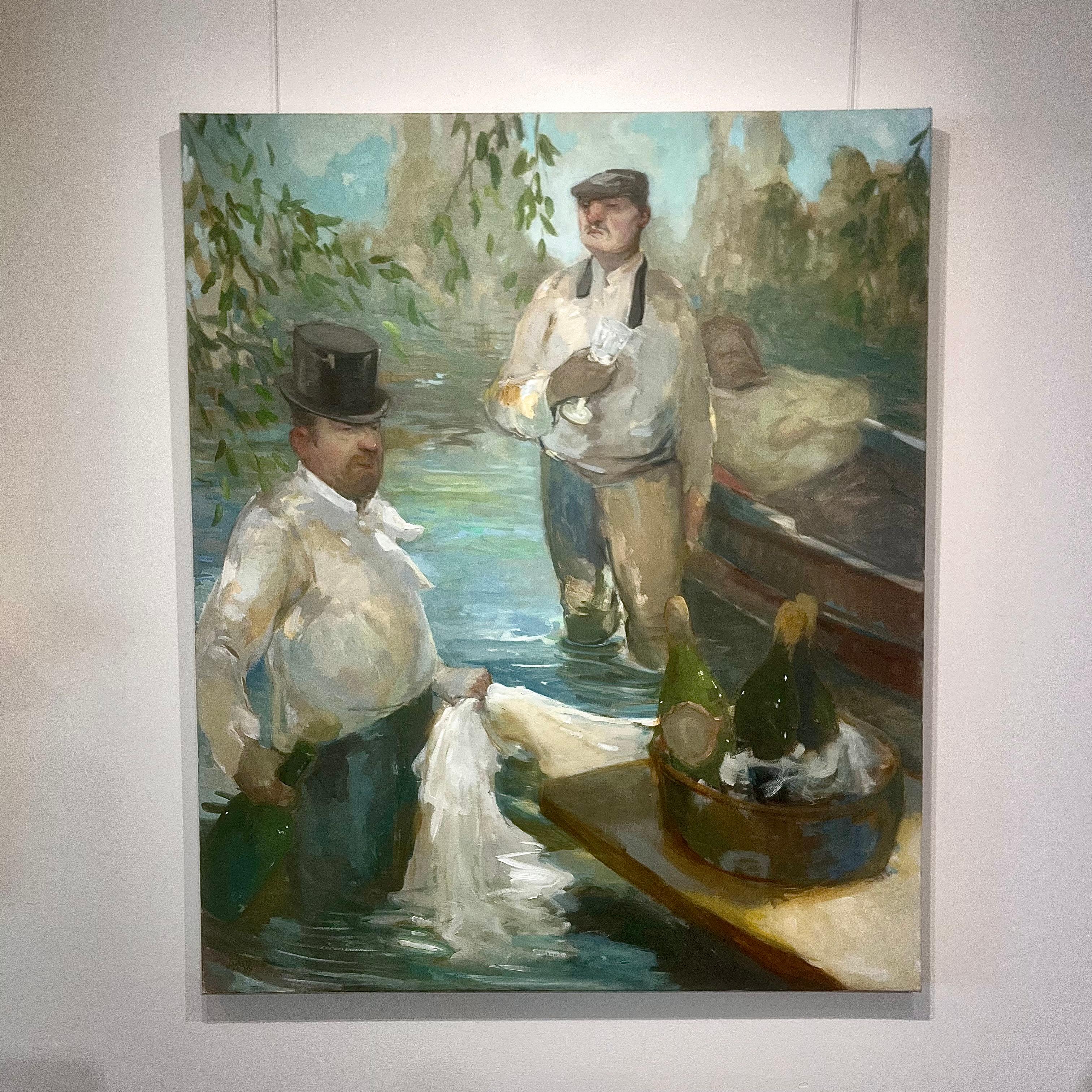 „Wedding Party on the River“ Männer auf dem Fluss Trinken, Hochzeit, Party, Boot – Painting von Jennifer Bell