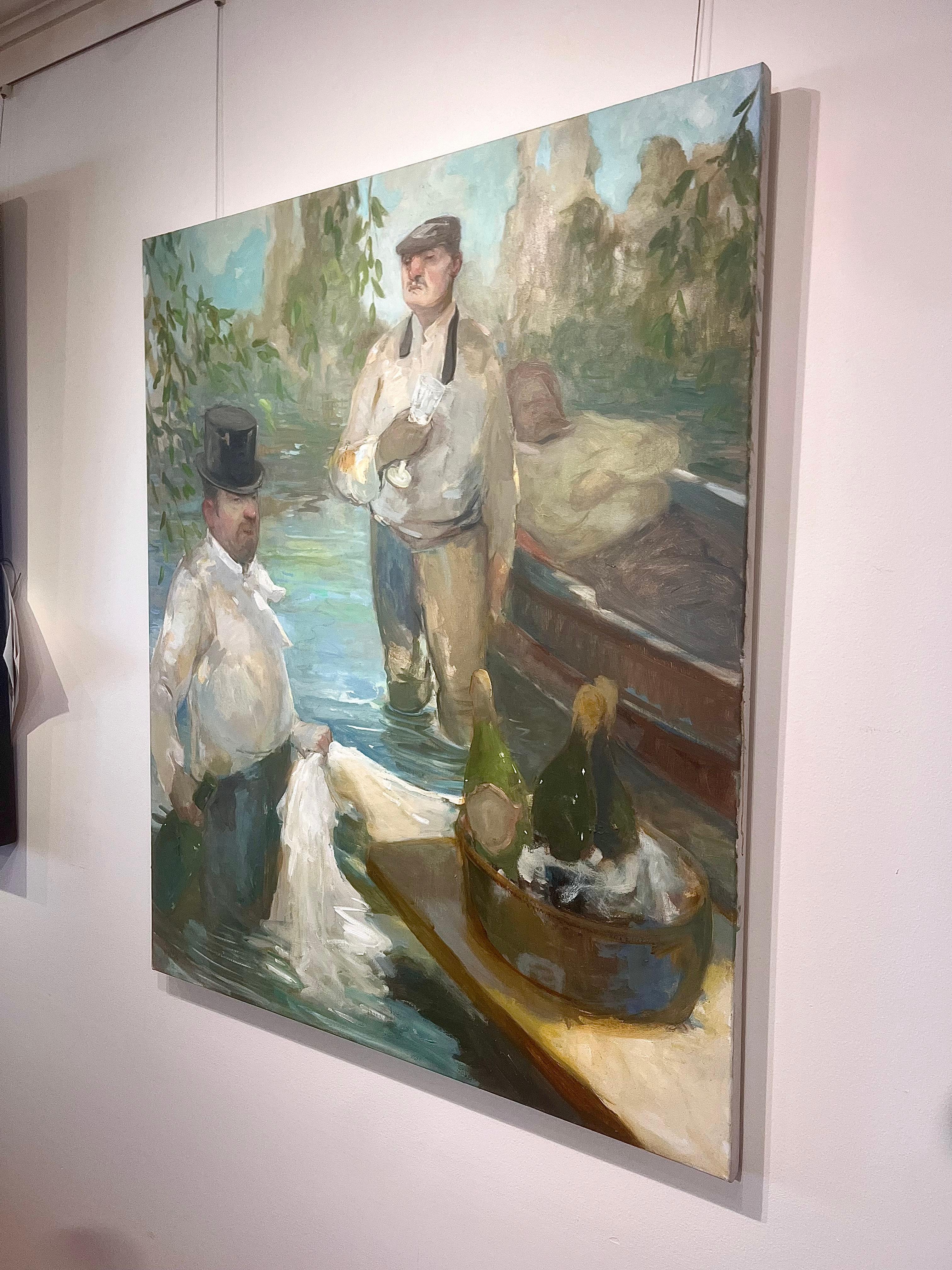 „Wedding Party on the River“ Männer auf dem Fluss Trinken, Hochzeit, Party, Boot (Impressionismus), Painting, von Jennifer Bell