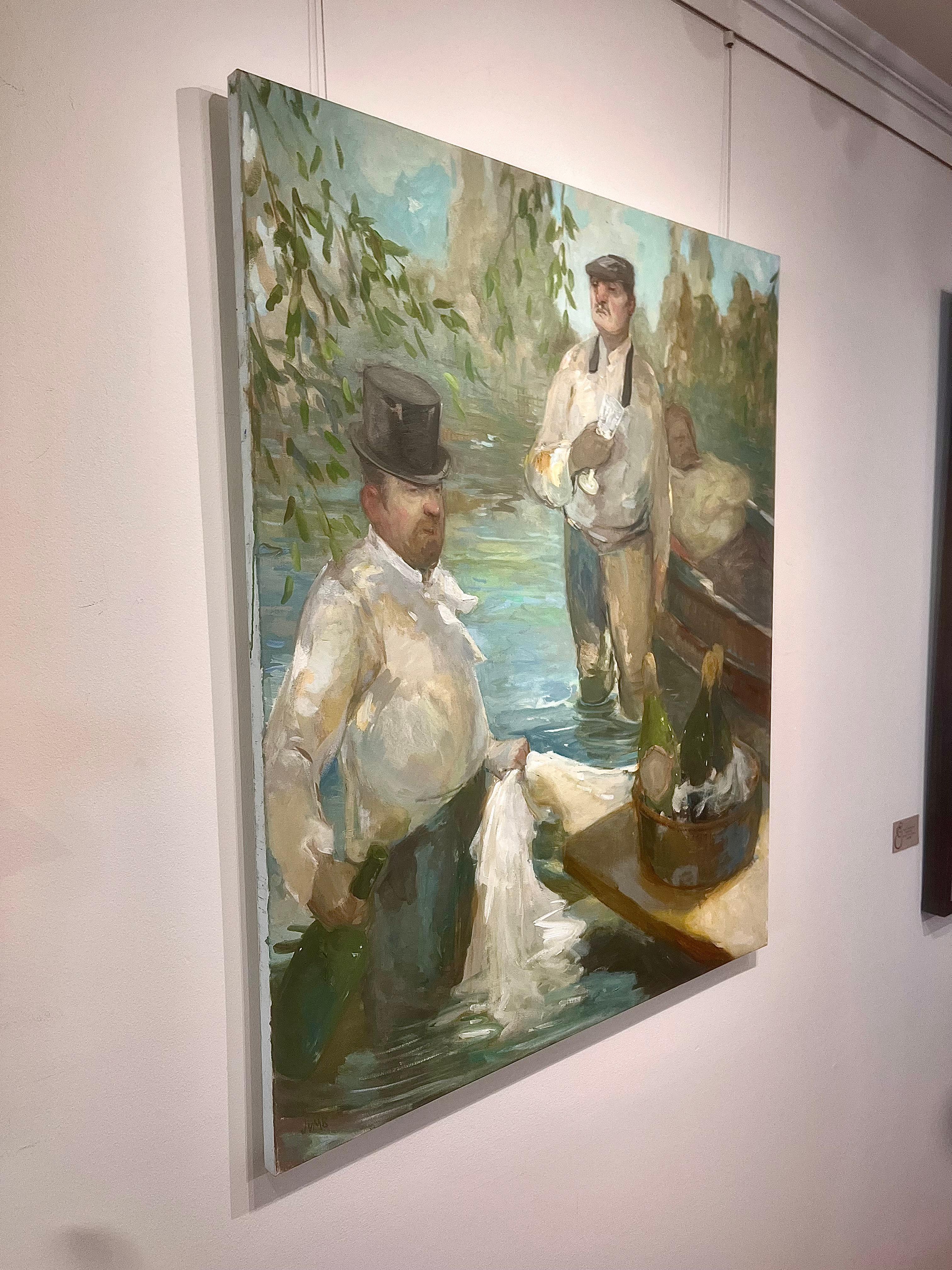 „Wedding Party on the River“ Männer auf dem Fluss Trinken, Hochzeit, Party, Boot (Grau), Portrait Painting, von Jennifer Bell